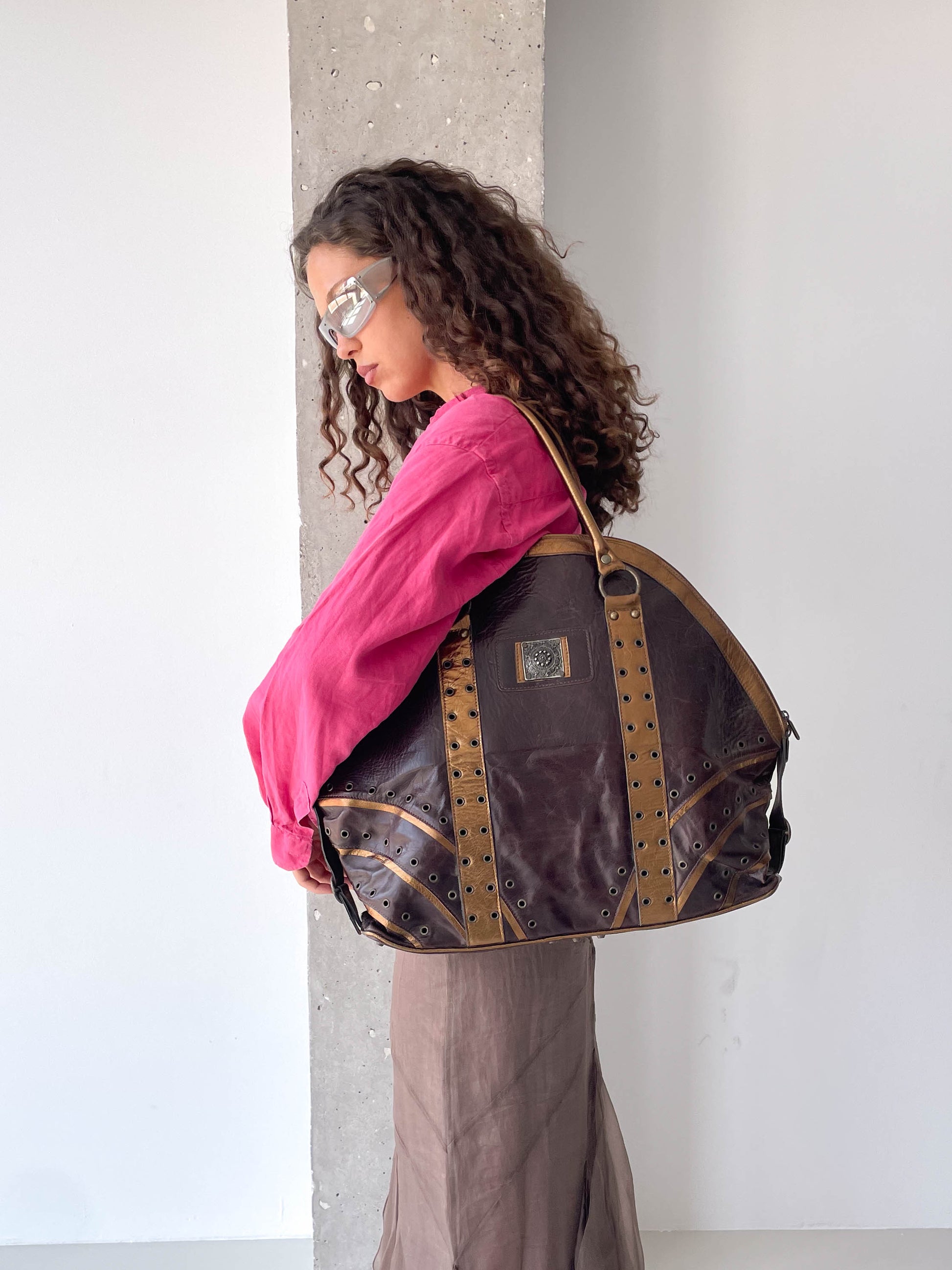 XL Brown Italian Leather Eyelet Studded Bag