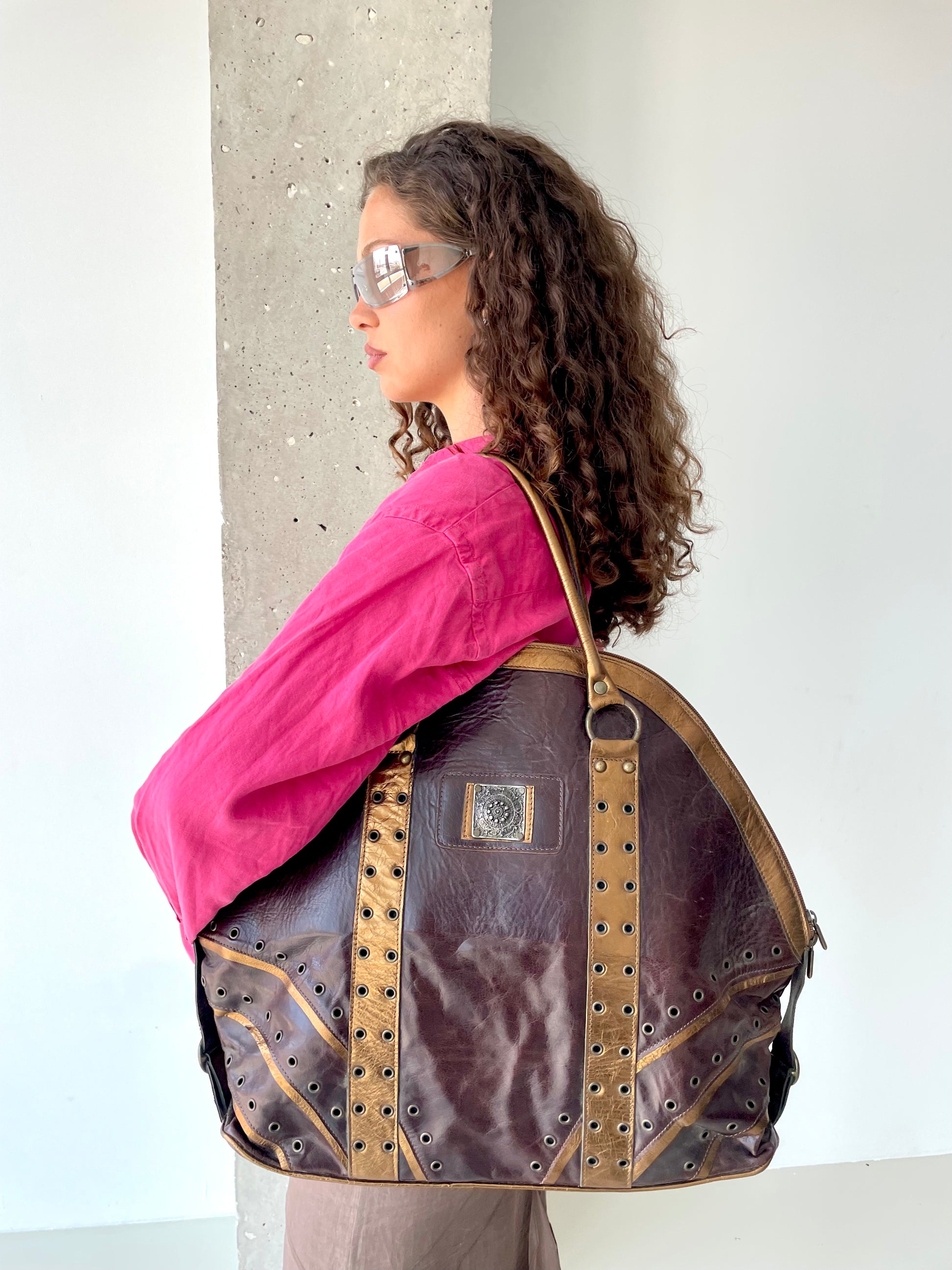 XL Brown Italian Leather Eyelet Studded Bag