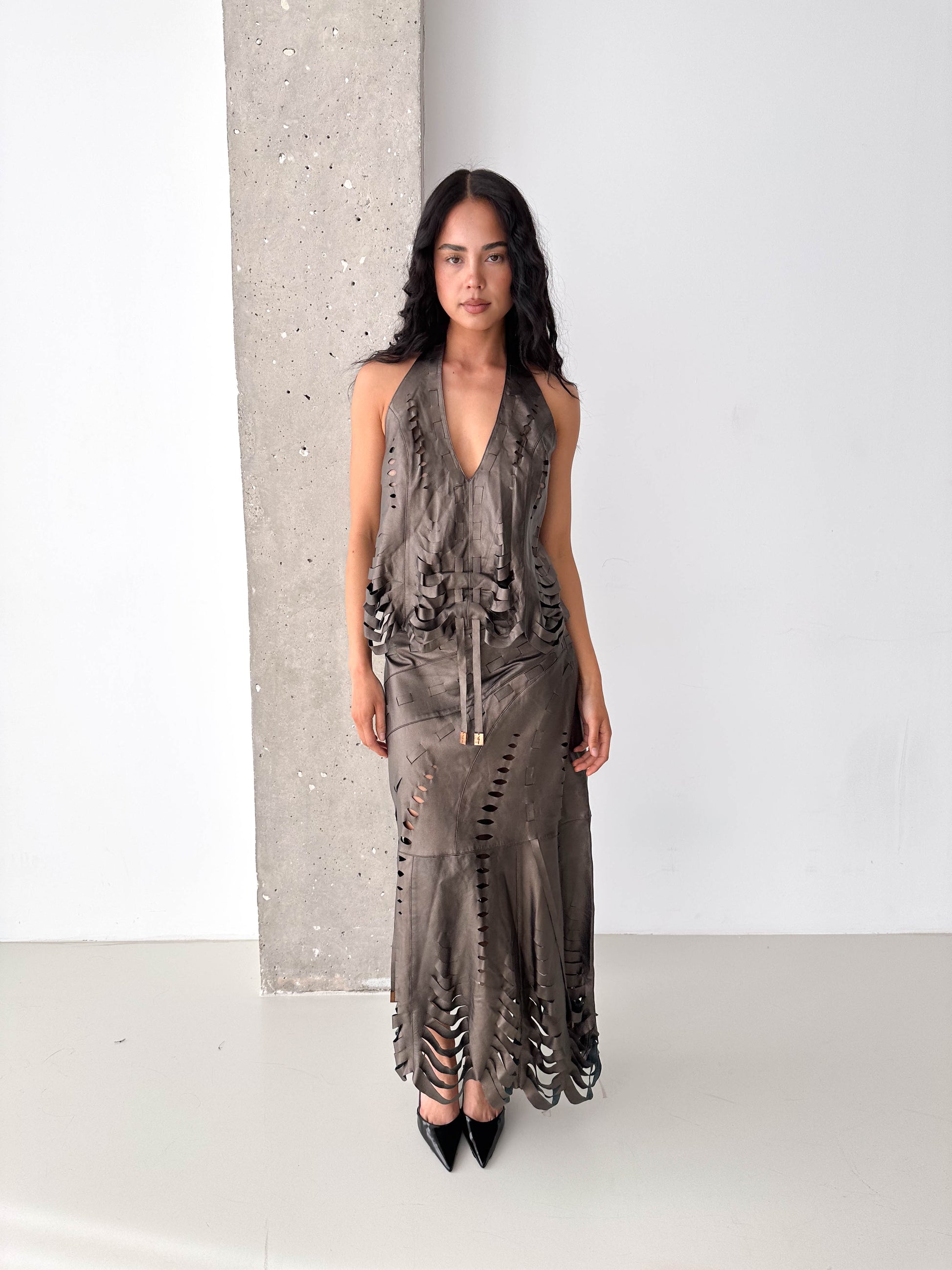 Italian Leather Laser Cut Matching Skirt Set