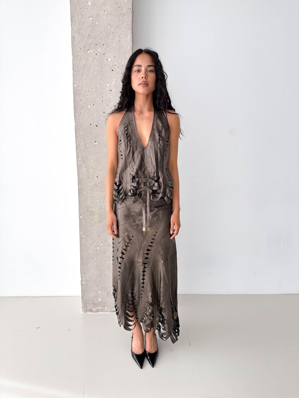 Italian Leather Laser Cut Matching Skirt Set