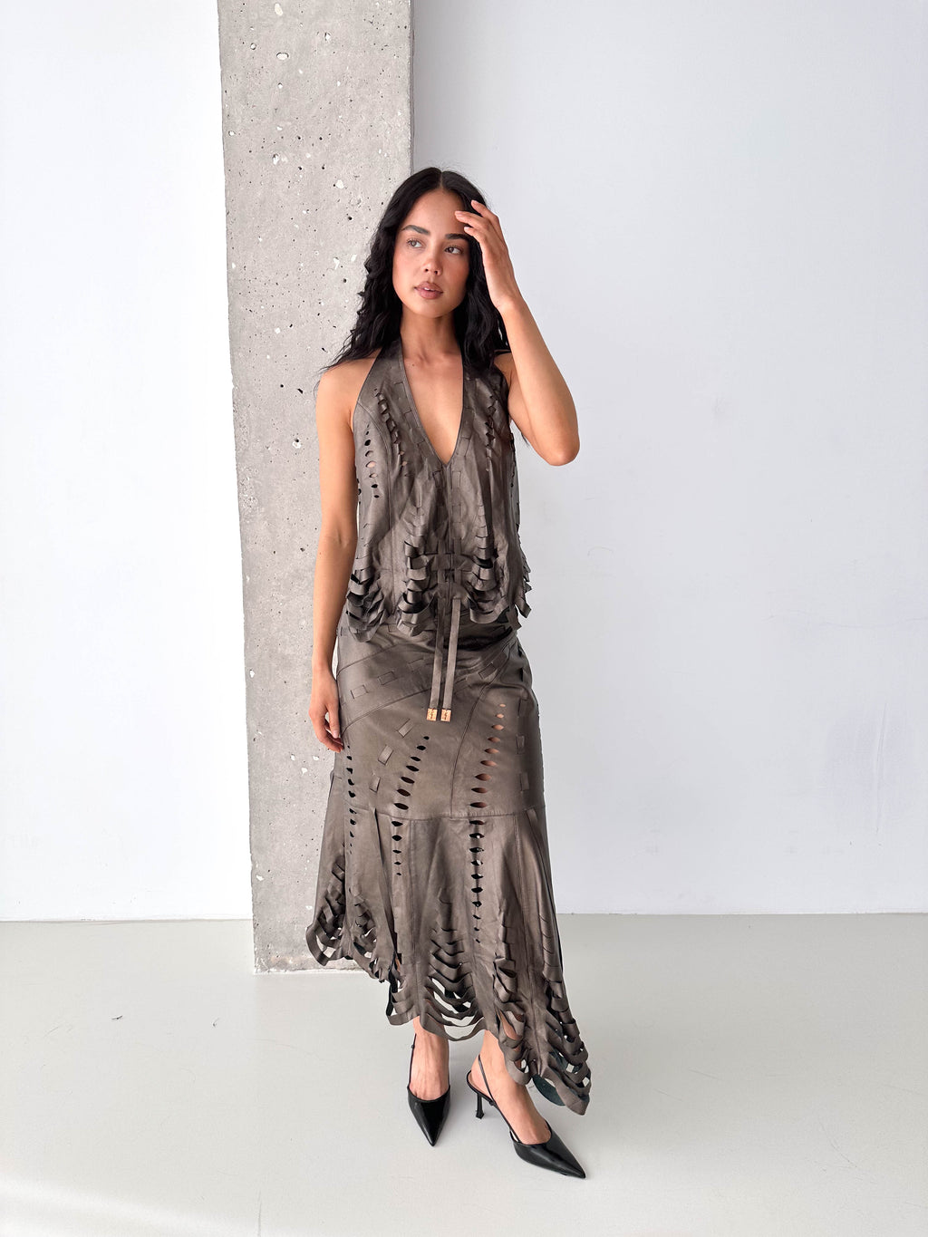 Italian Leather Laser Cut Matching Skirt Set