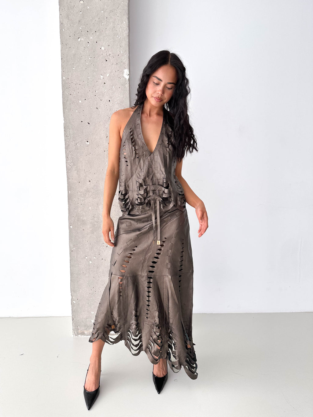 Italian Leather Laser Cut Matching Skirt Set