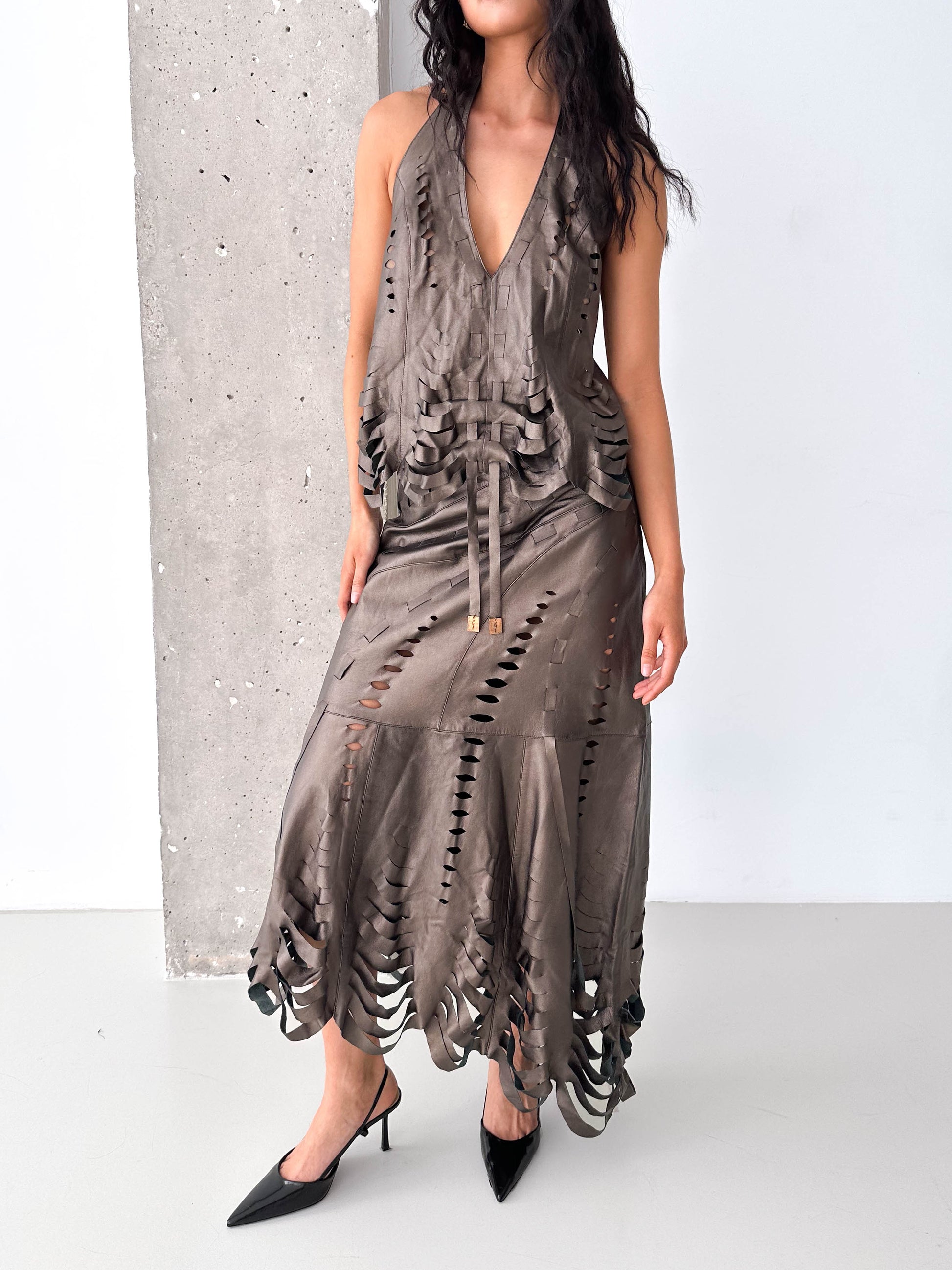 Italian Leather Laser Cut Matching Skirt Set