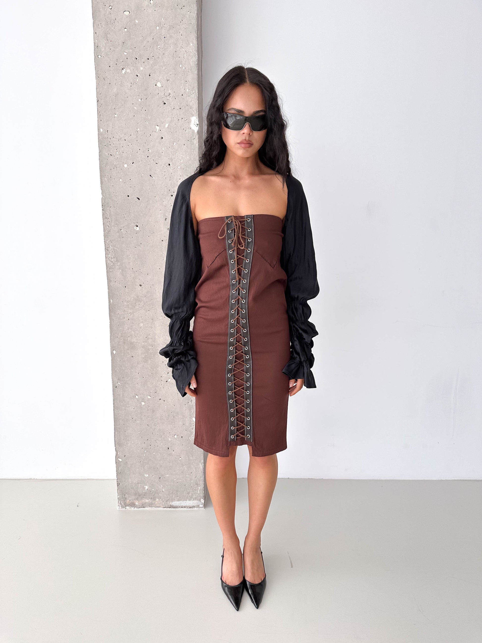 Vintage Brown Lace-Up Corset Strapless Midi Dress
