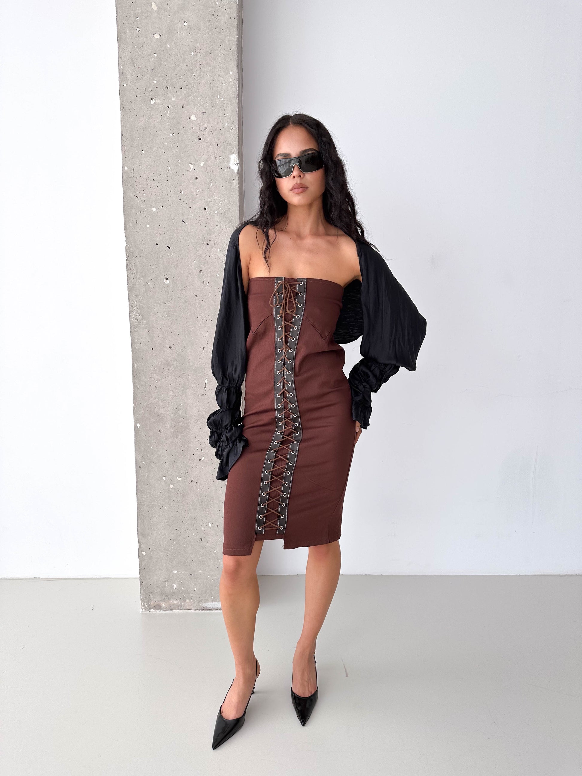 Vintage Brown Lace-Up Corset Strapless Midi Dress