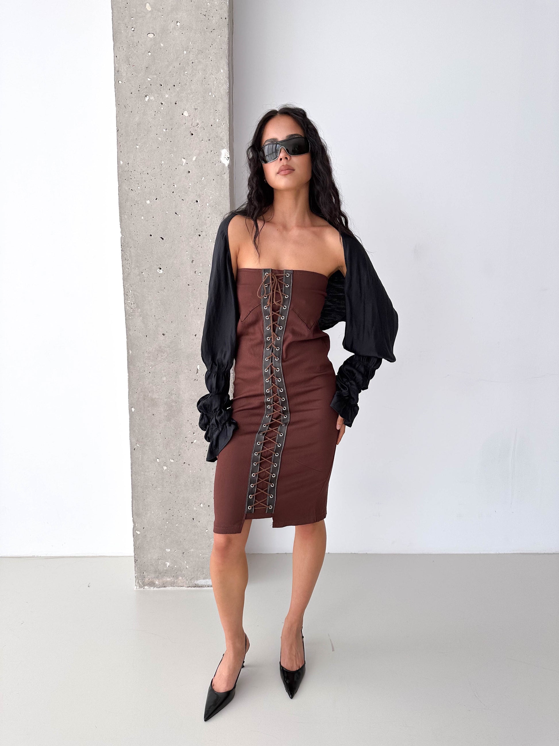 Vintage Brown Lace-Up Corset Strapless Midi Dress