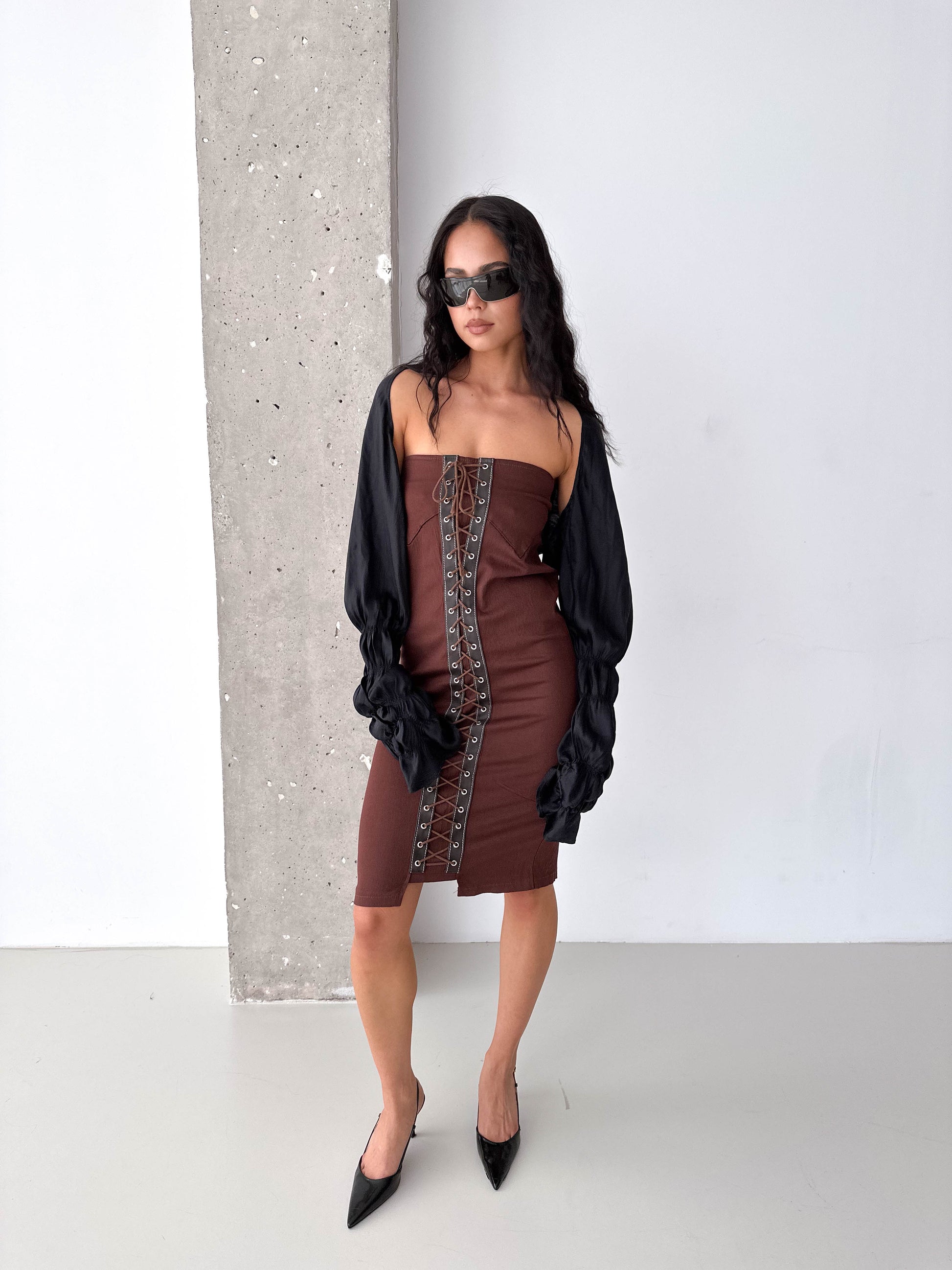 Vintage Brown Lace-Up Corset Strapless Midi Dress