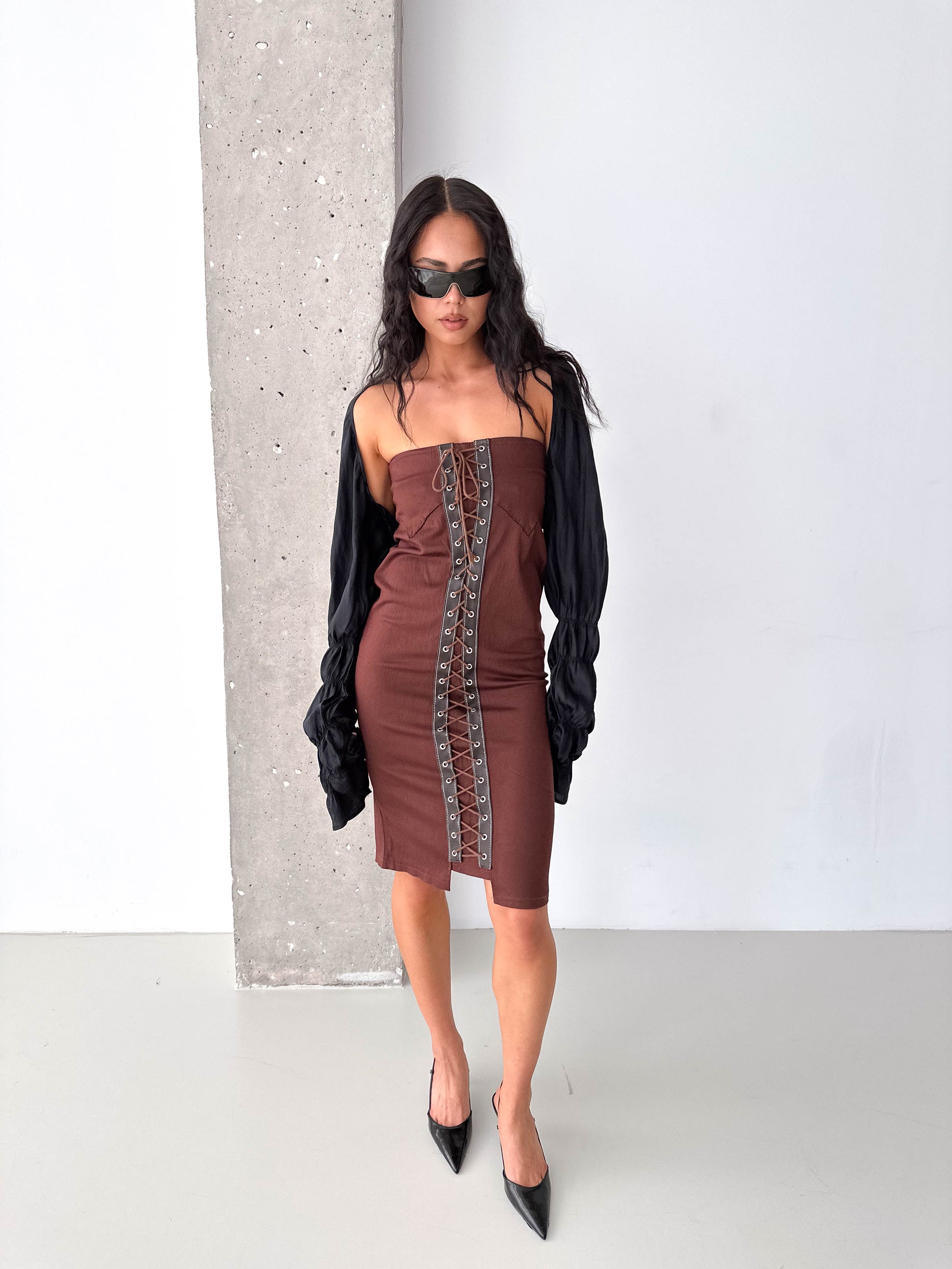 Vintage Brown Lace-Up Corset Strapless Midi Dress