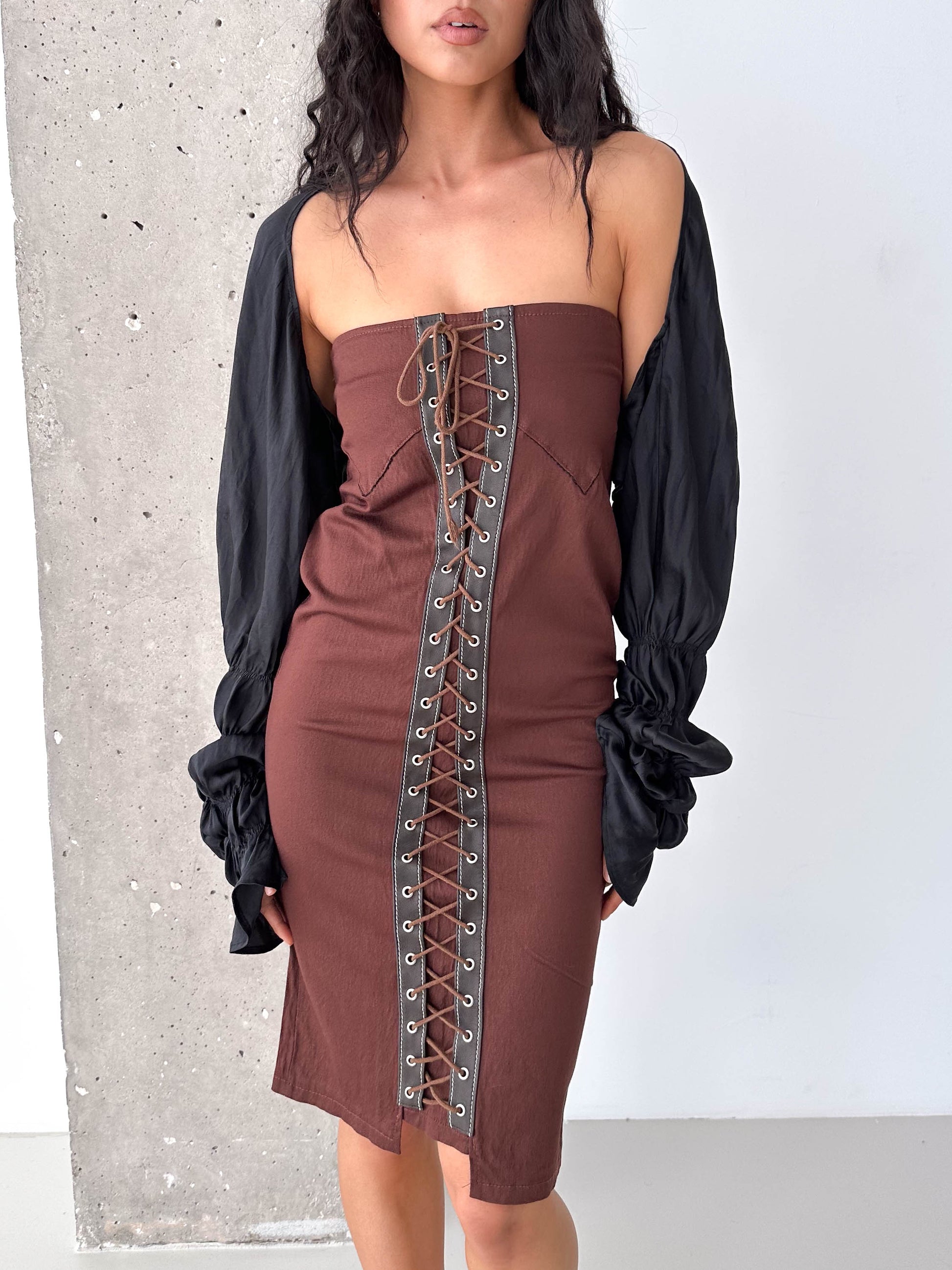 Vintage Brown Lace-Up Corset Strapless Midi Dress