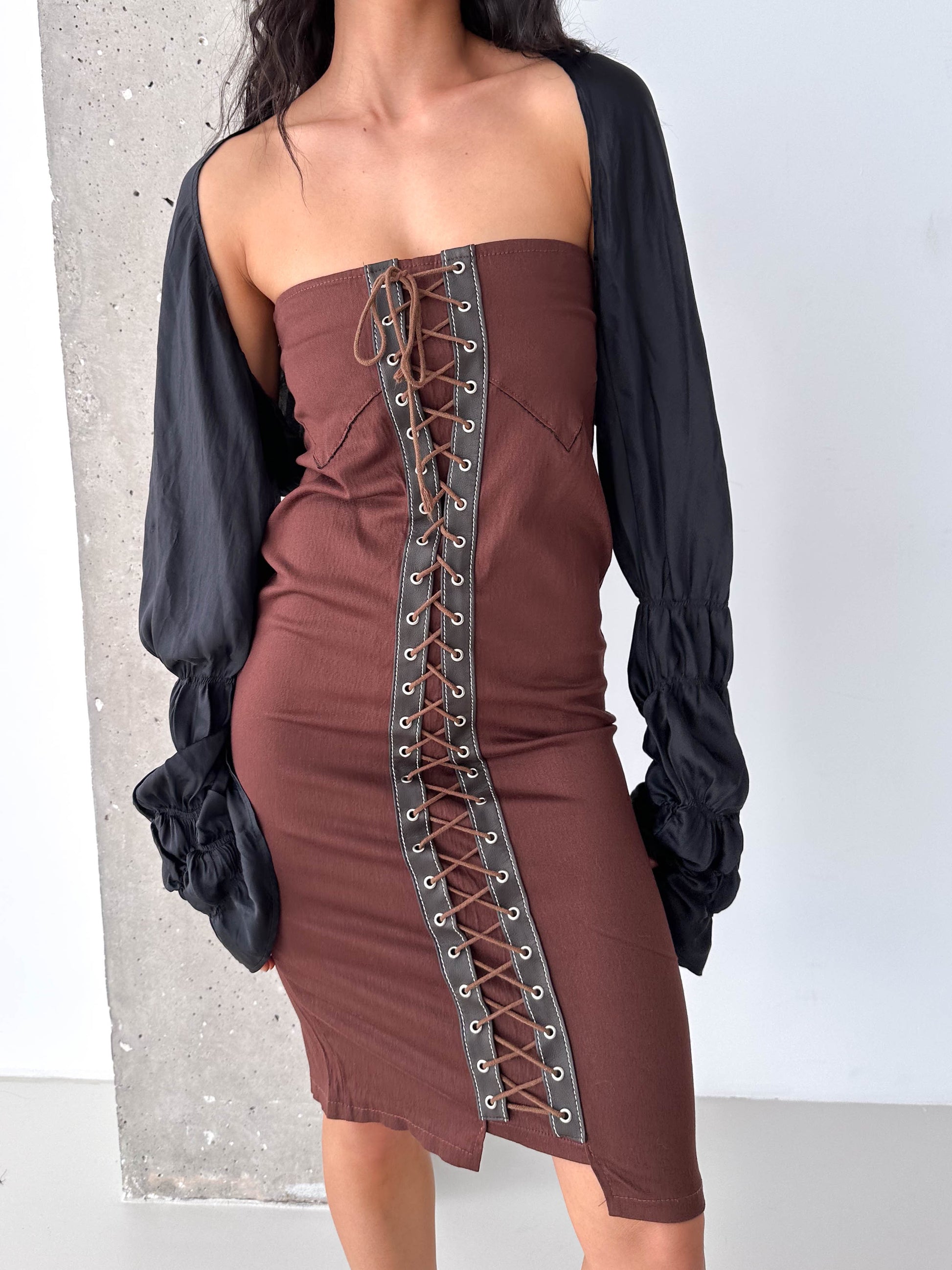 Vintage Brown Lace-Up Corset Strapless Midi Dress