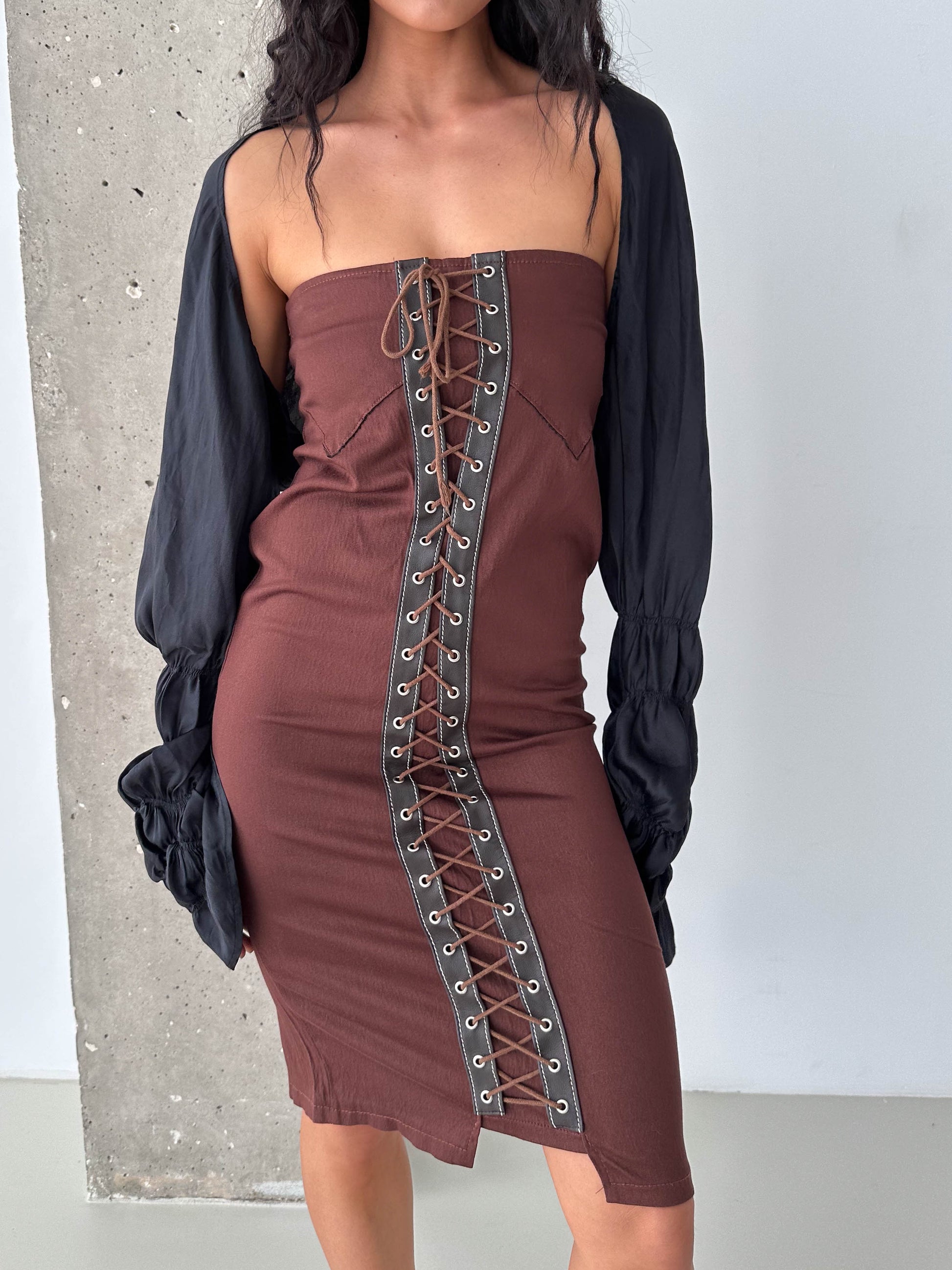 Vintage Brown Lace-Up Corset Strapless Midi Dress