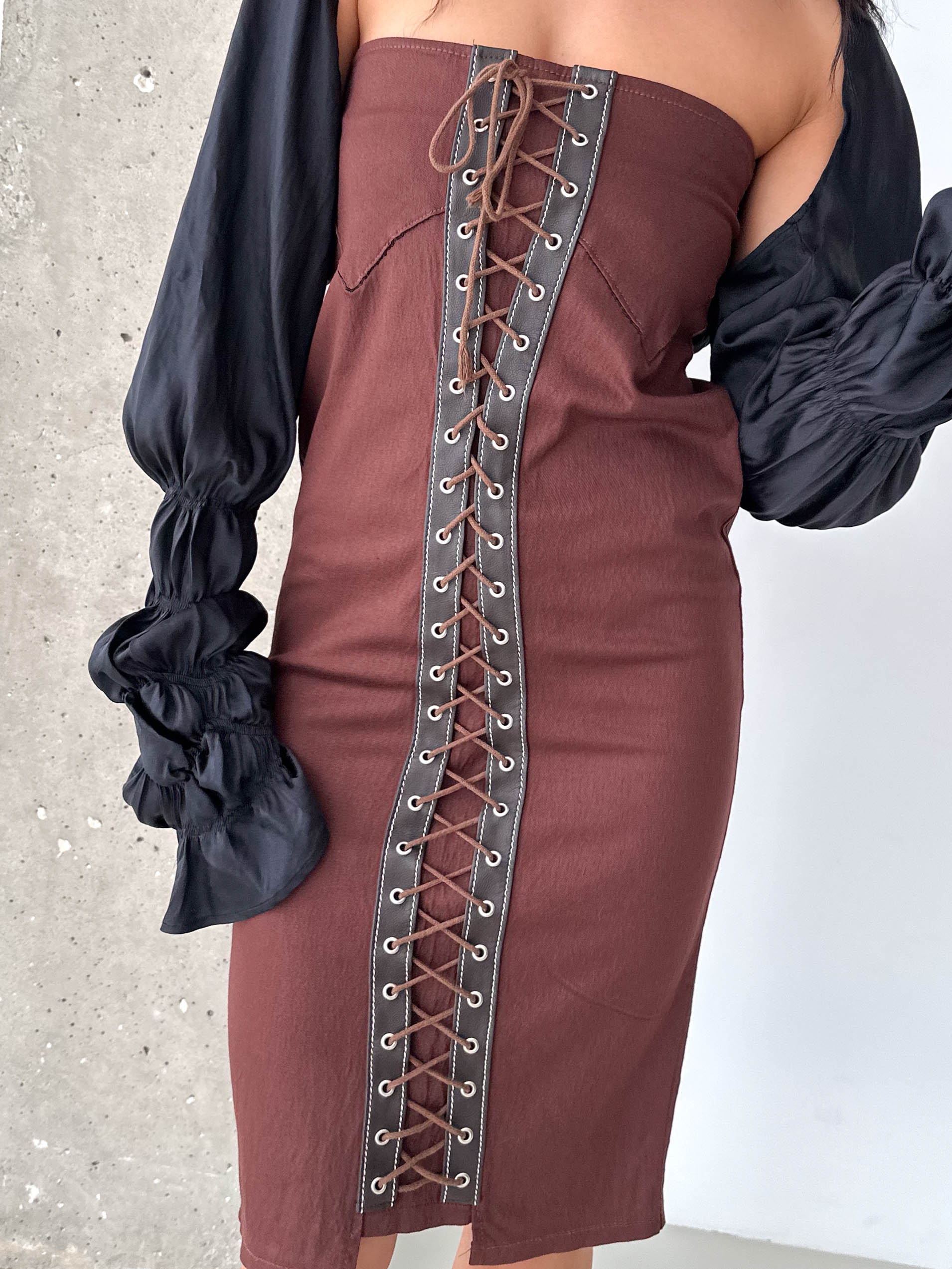 Vintage Brown Lace-Up Corset Strapless Midi Dress