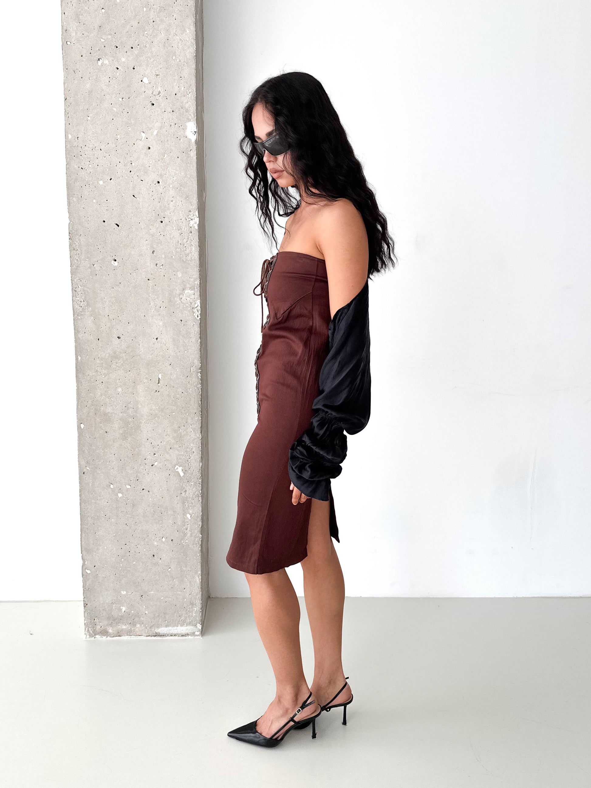 Vintage Brown Lace-Up Corset Strapless Midi Dress