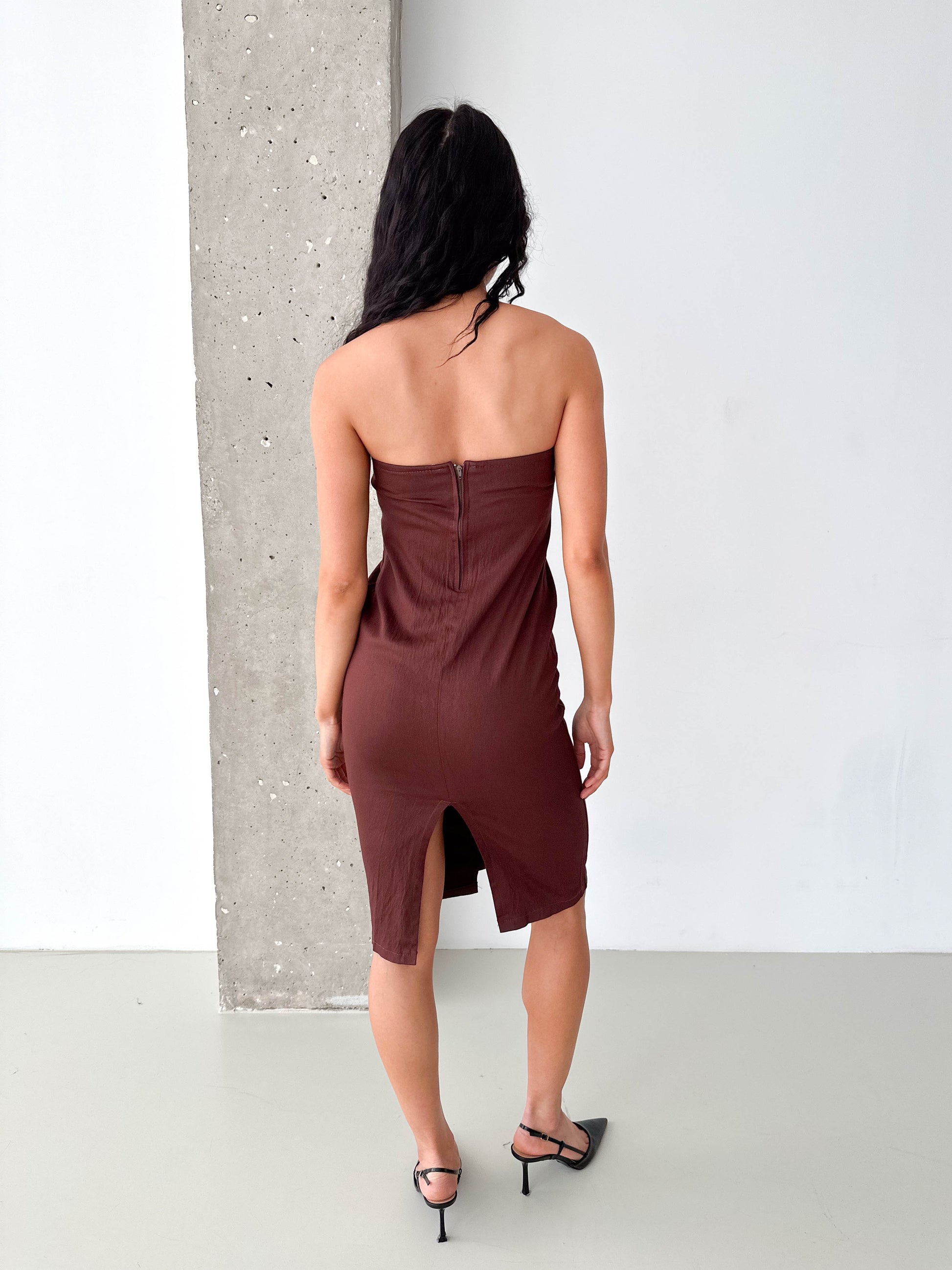 Vintage Brown Lace-Up Corset Strapless Midi Dress