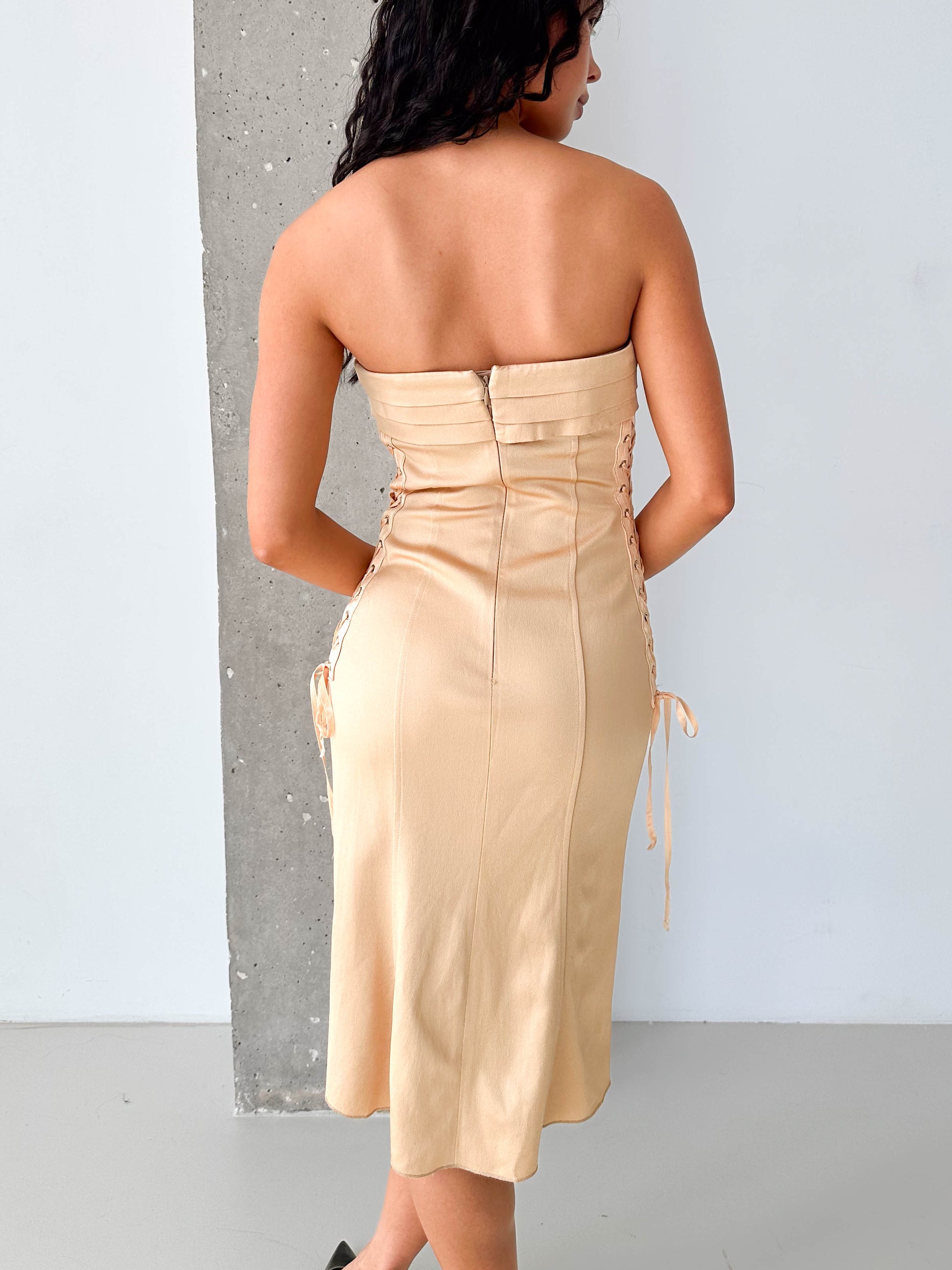 Champagne Satin Corset Style Lace-Up Midi Dress
