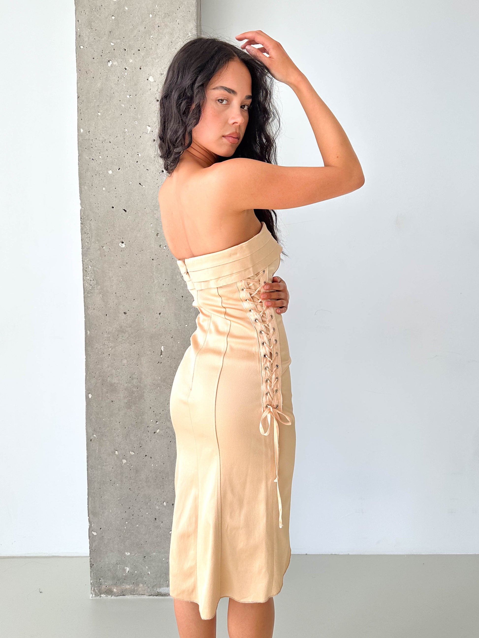 Champagne Satin Corset Style Lace-Up Midi Dress