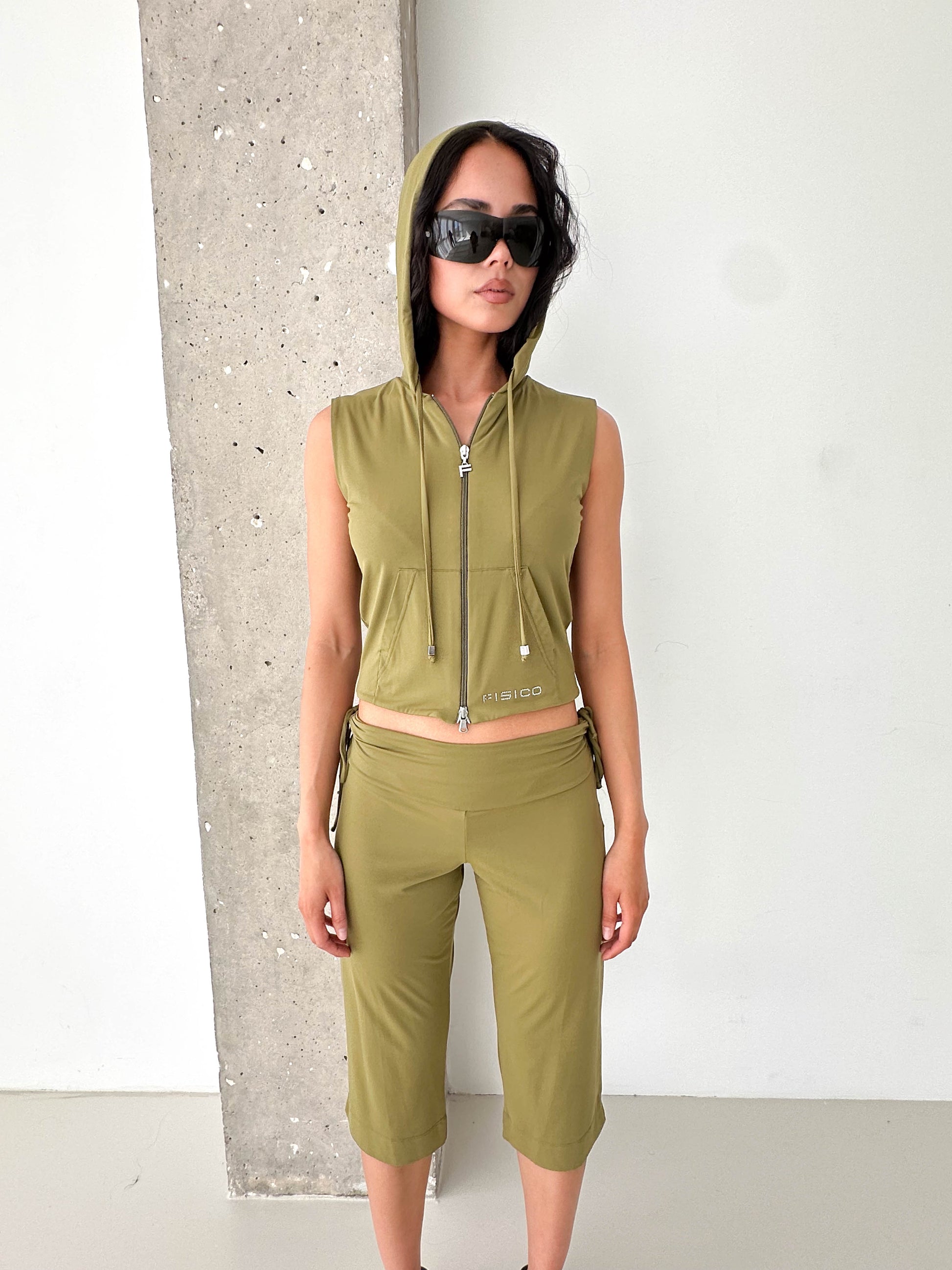 Italian Vintage Khaki Zip Hoodie Vest & Capri Trouser Set