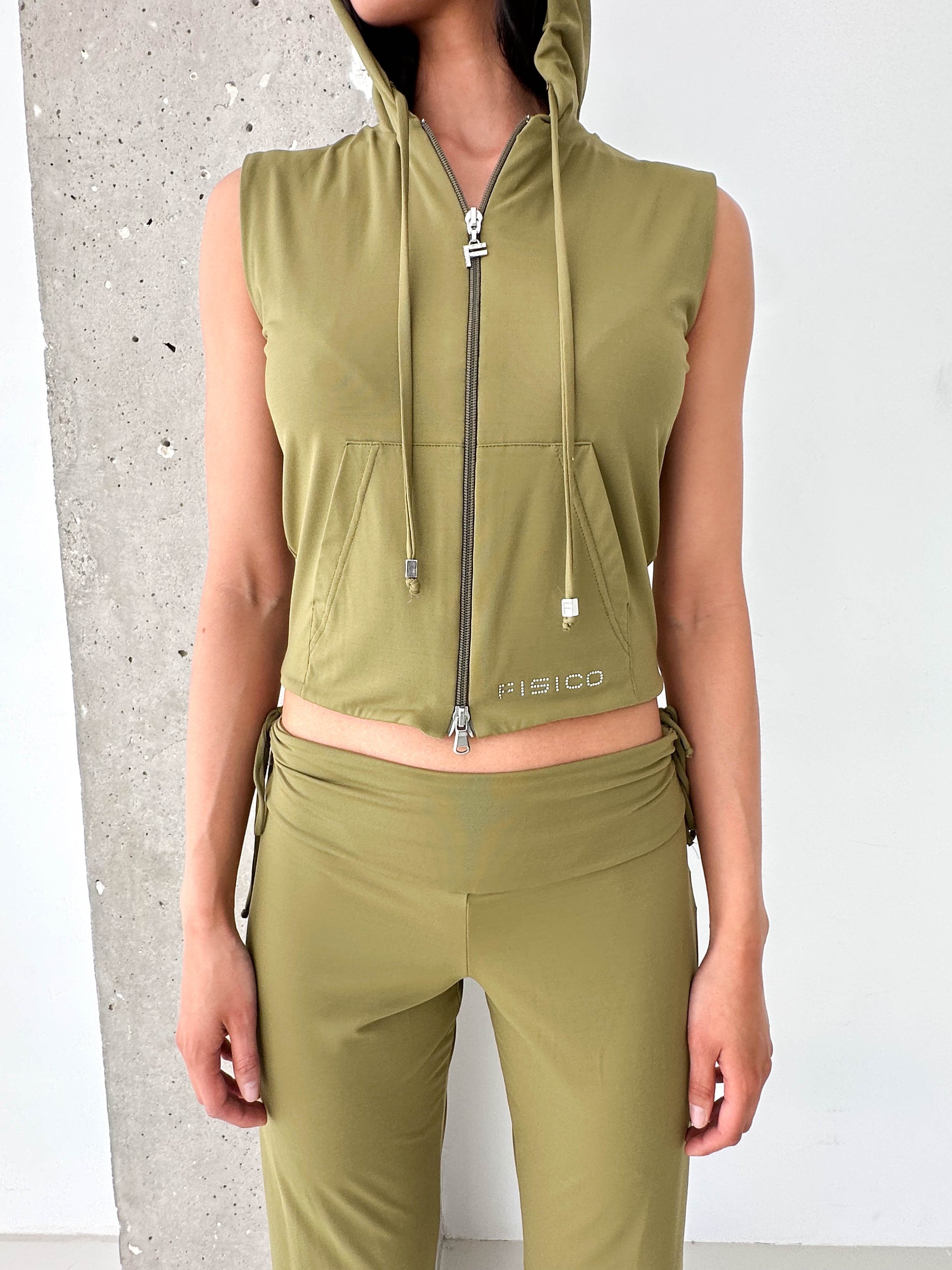 Italian Vintage Khaki Zip Hoodie Vest & Capri Trouser Set