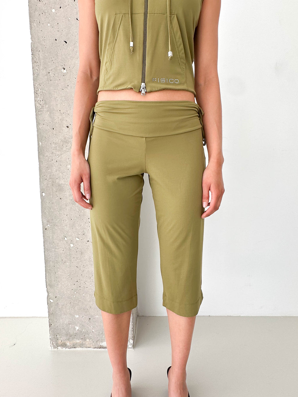 Italian Vintage Khaki Zip Hoodie Vest & Capri Trouser Set