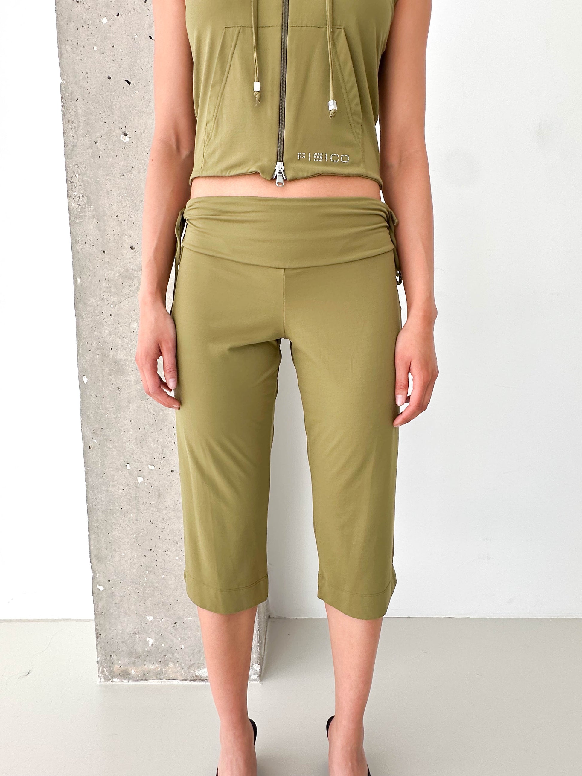 Italian Vintage Khaki Zip Hoodie Vest & Capri Trouser Set