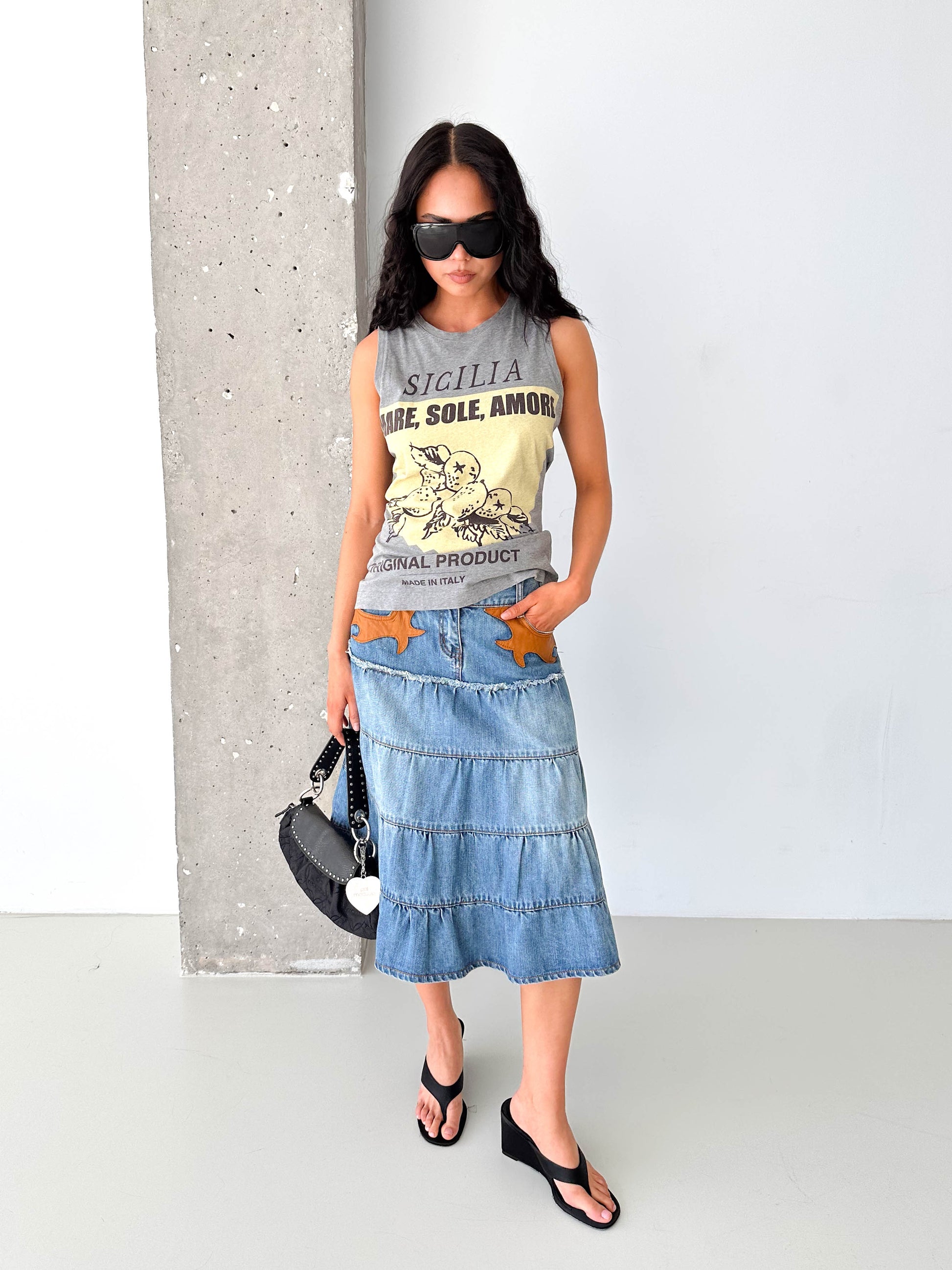 Vintage Denim Tiered Midi Skirt Leather Trim