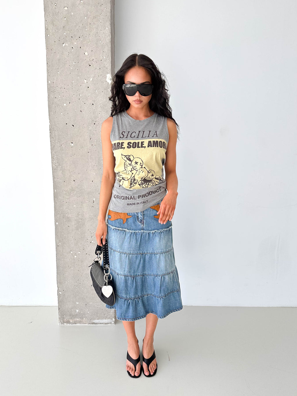 Vintage Denim Tiered Midi Skirt Leather Trim