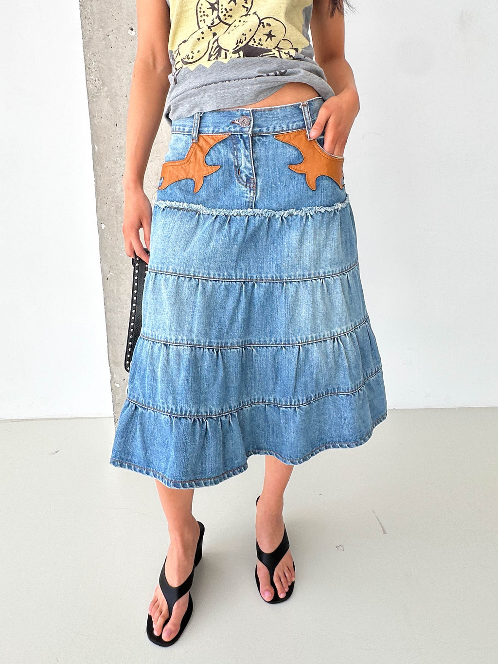 Vintage Denim Tiered Midi Skirt Leather Trim