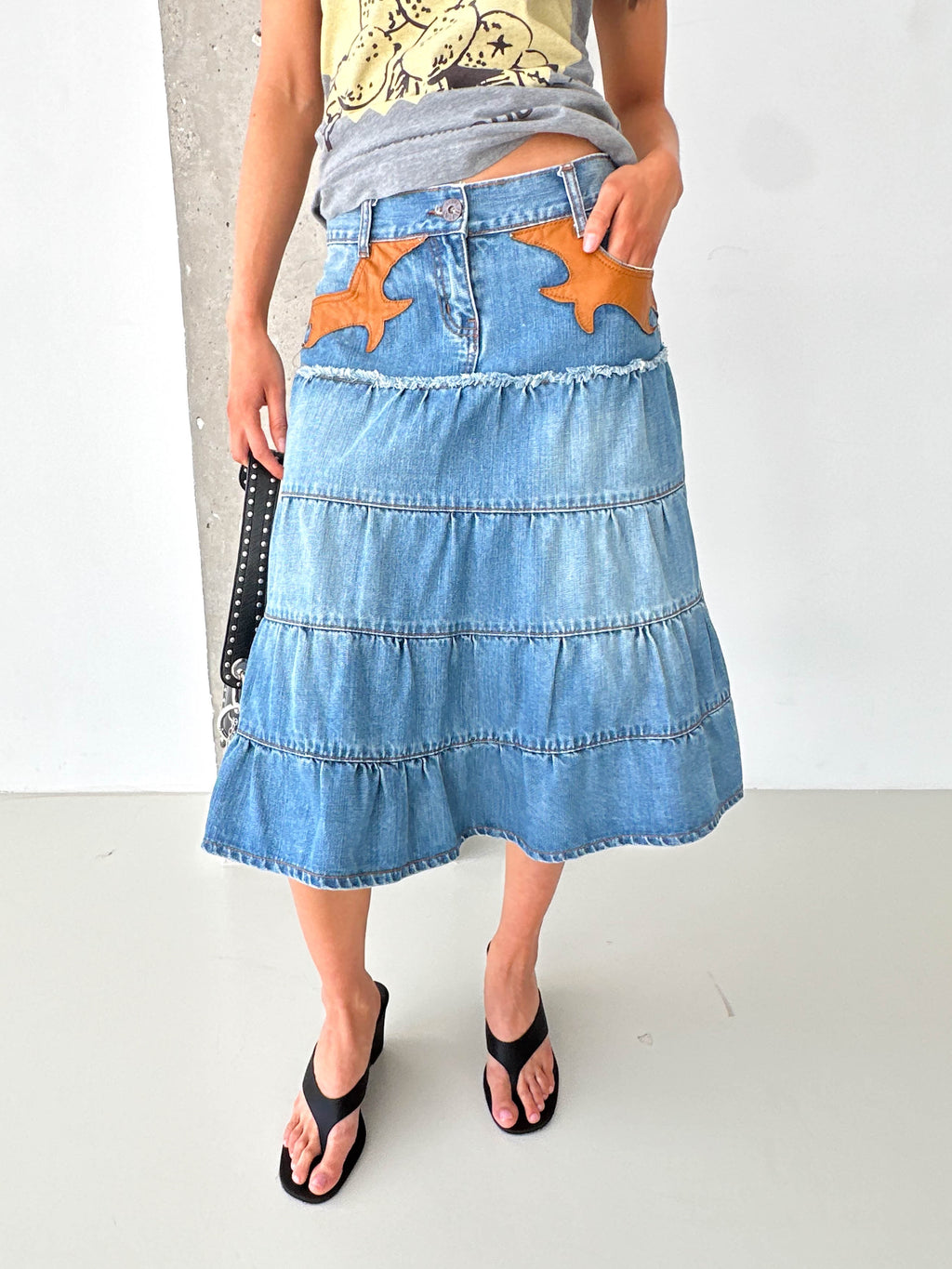 Vintage Denim Tiered Midi Skirt Leather Trim