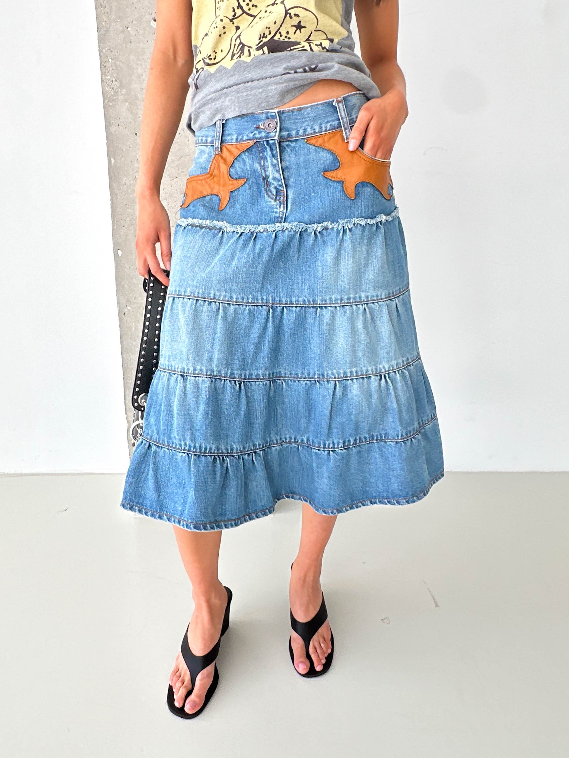 Vintage Denim Tiered Midi Skirt Leather Trim
