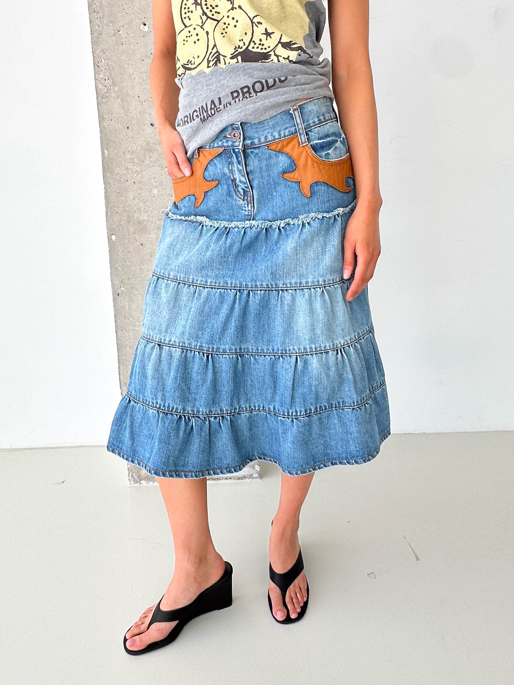 Vintage Denim Tiered Midi Skirt Leather Trim