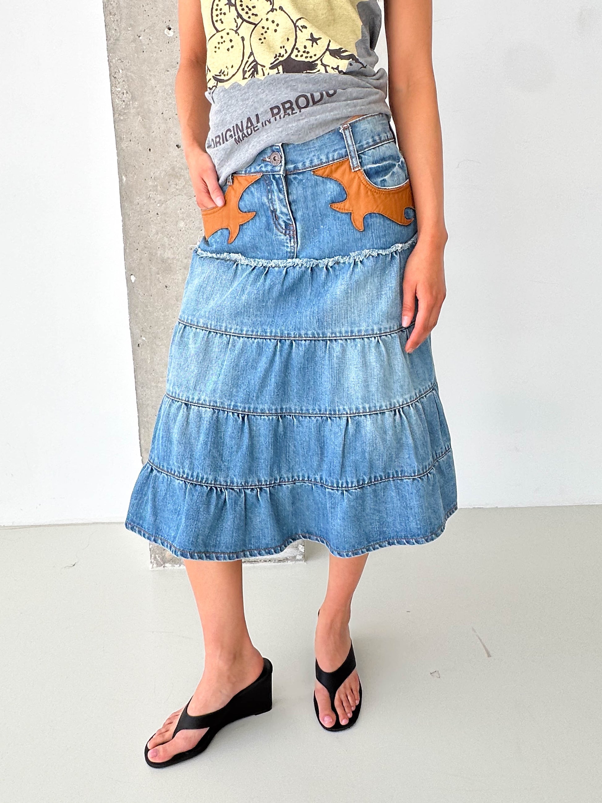 Vintage Denim Tiered Midi Skirt Leather Trim