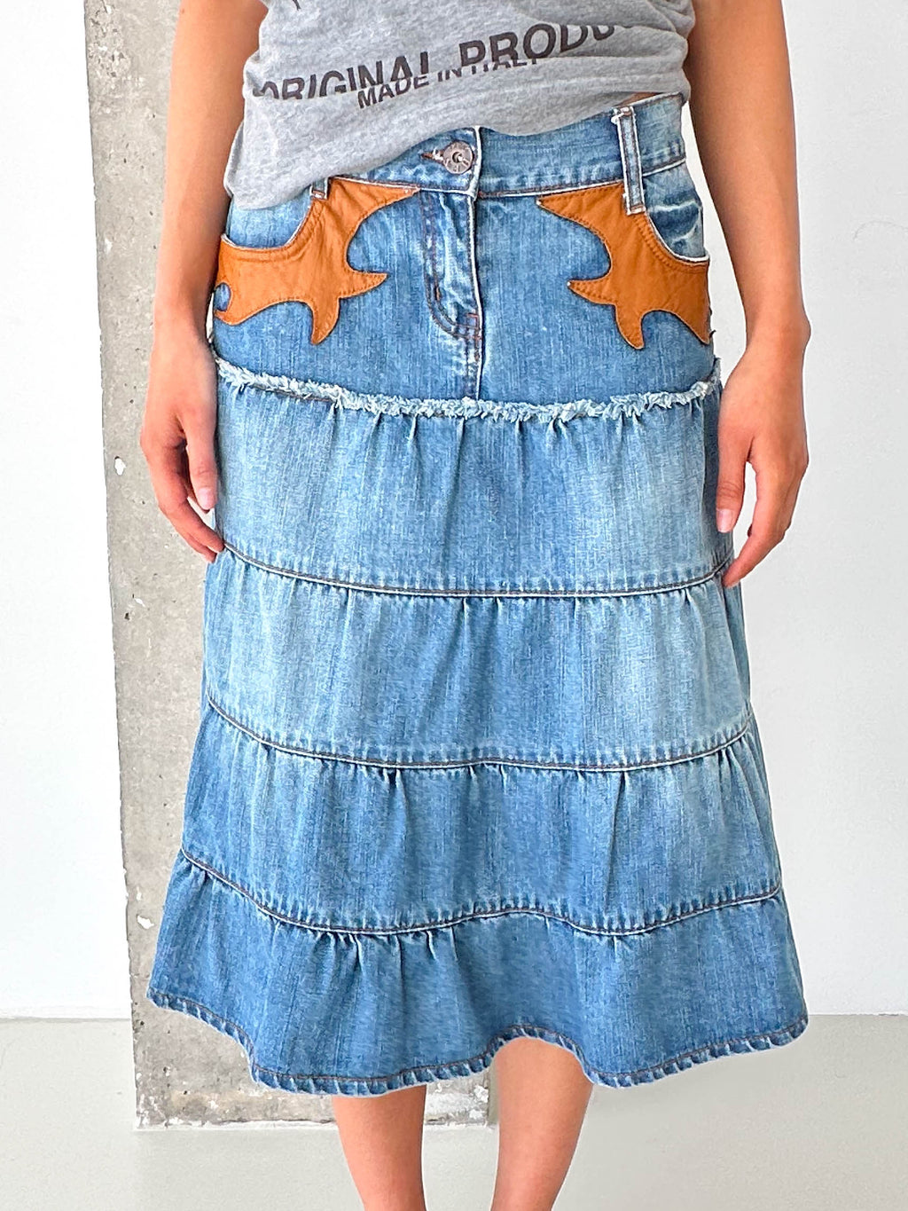 Vintage Denim Tiered Midi Skirt Leather Trim