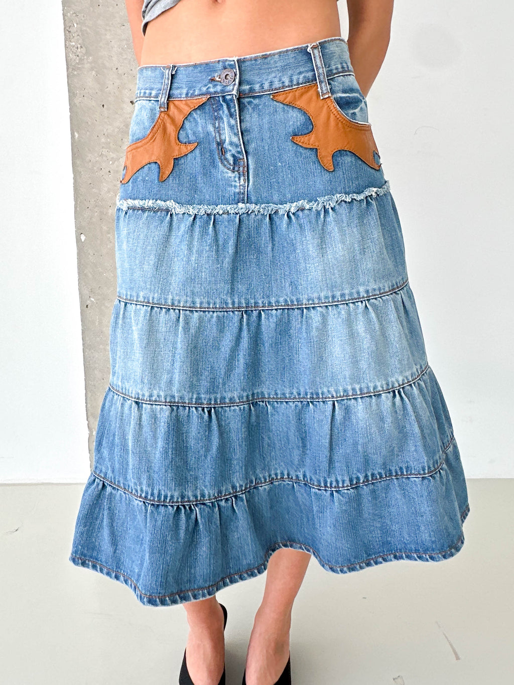 Vintage Denim Tiered Midi Skirt Leather Trim