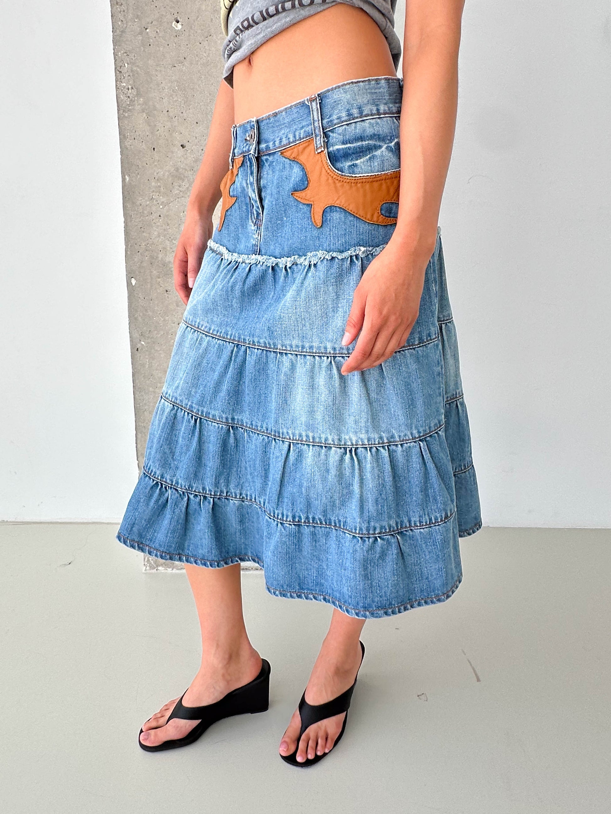 Vintage Denim Tiered Midi Skirt Leather Trim