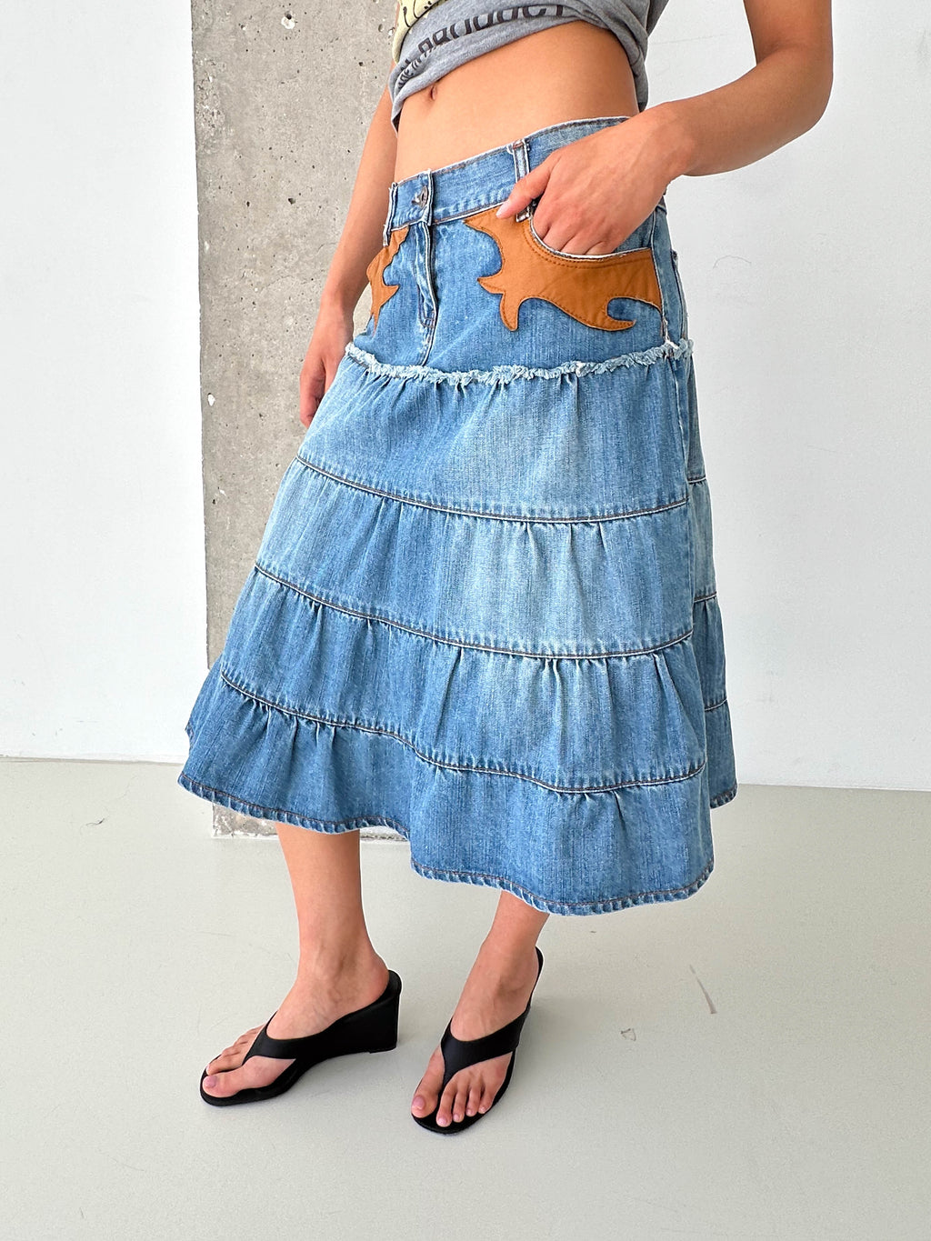 Vintage Denim Tiered Midi Skirt Leather Trim