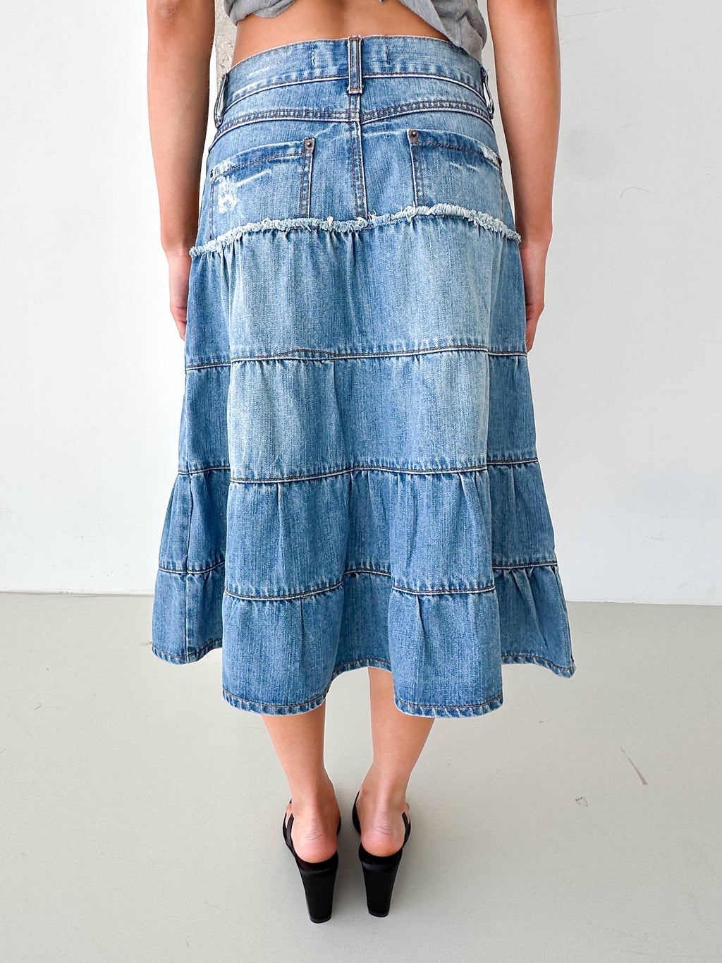 Vintage Denim Tiered Midi Skirt Leather Trim