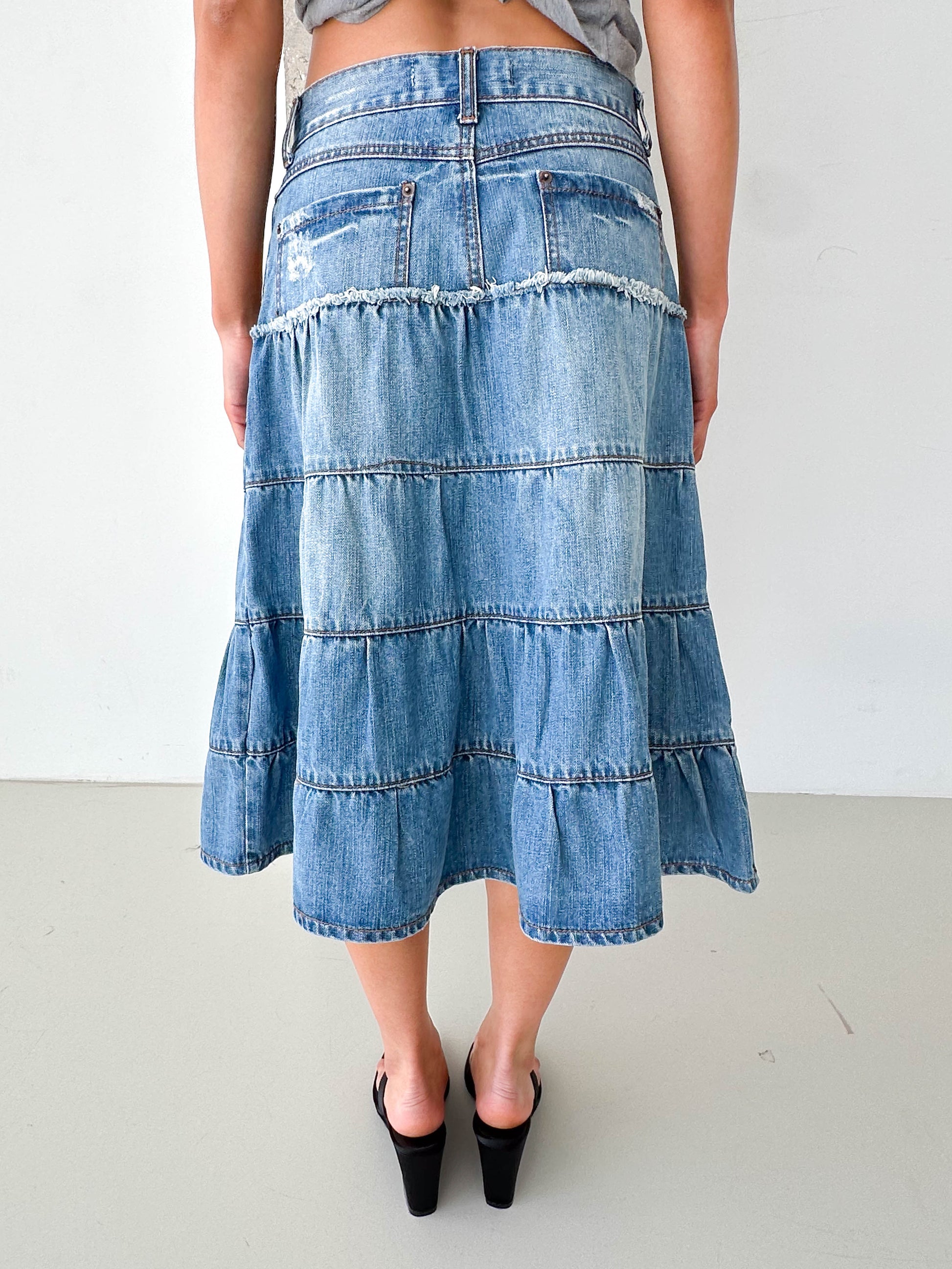 Vintage Denim Tiered Midi Skirt Leather Trim