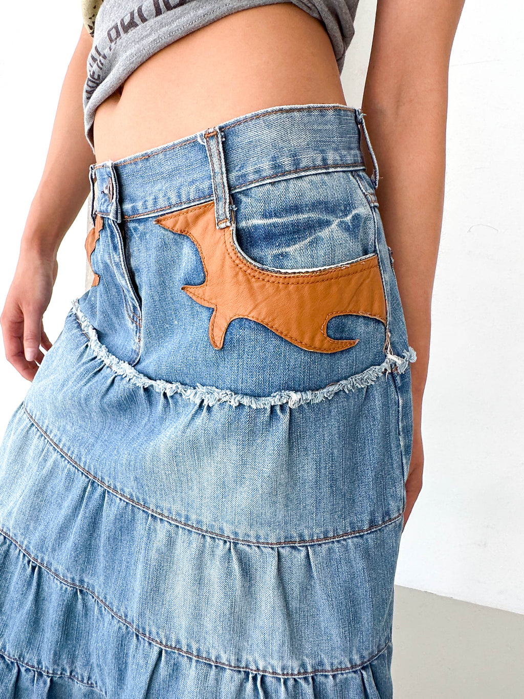 Vintage Denim Tiered Midi Skirt Leather Trim
