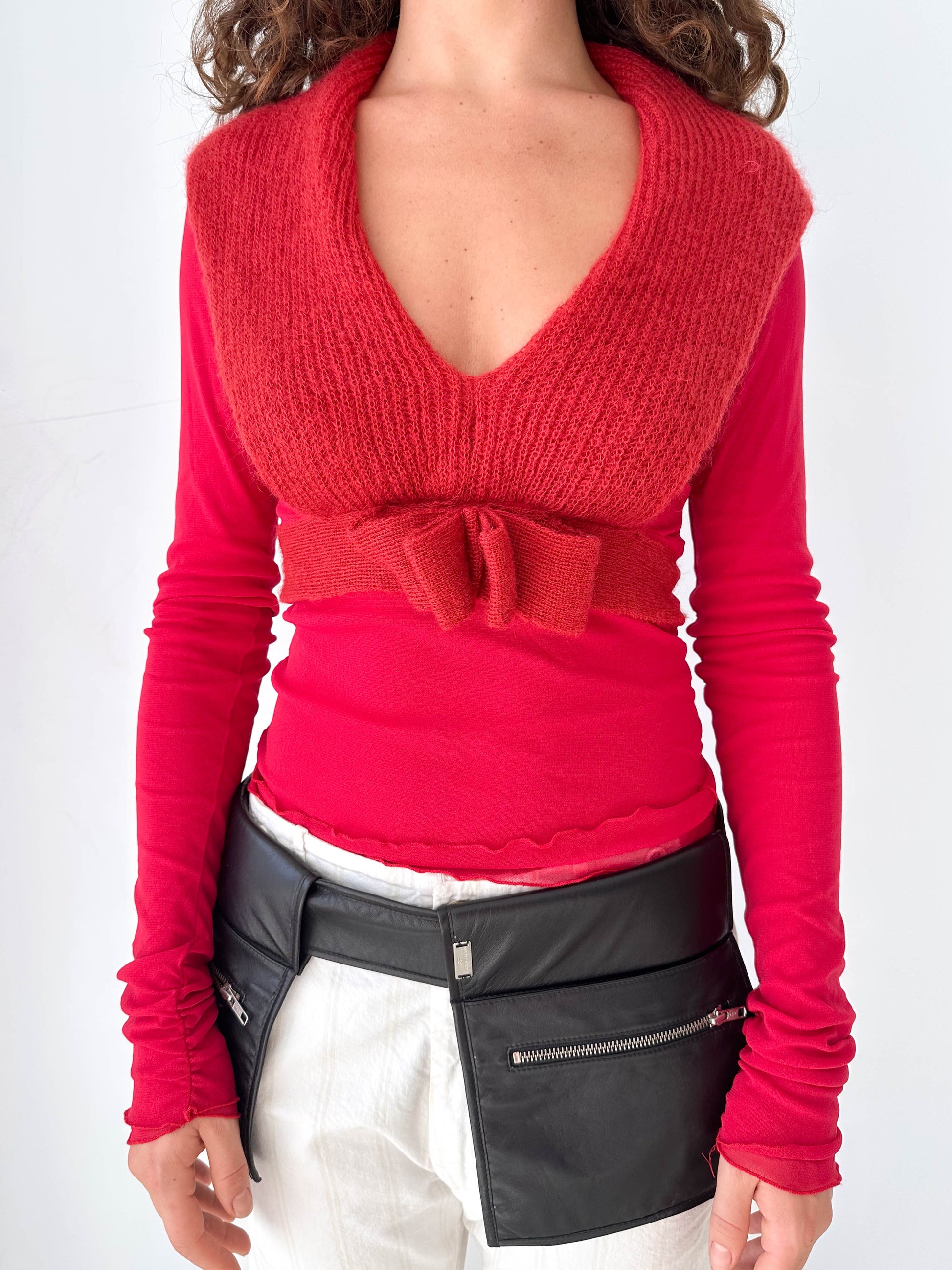 Red Long Sleeve Mesh Mohair Detail Top