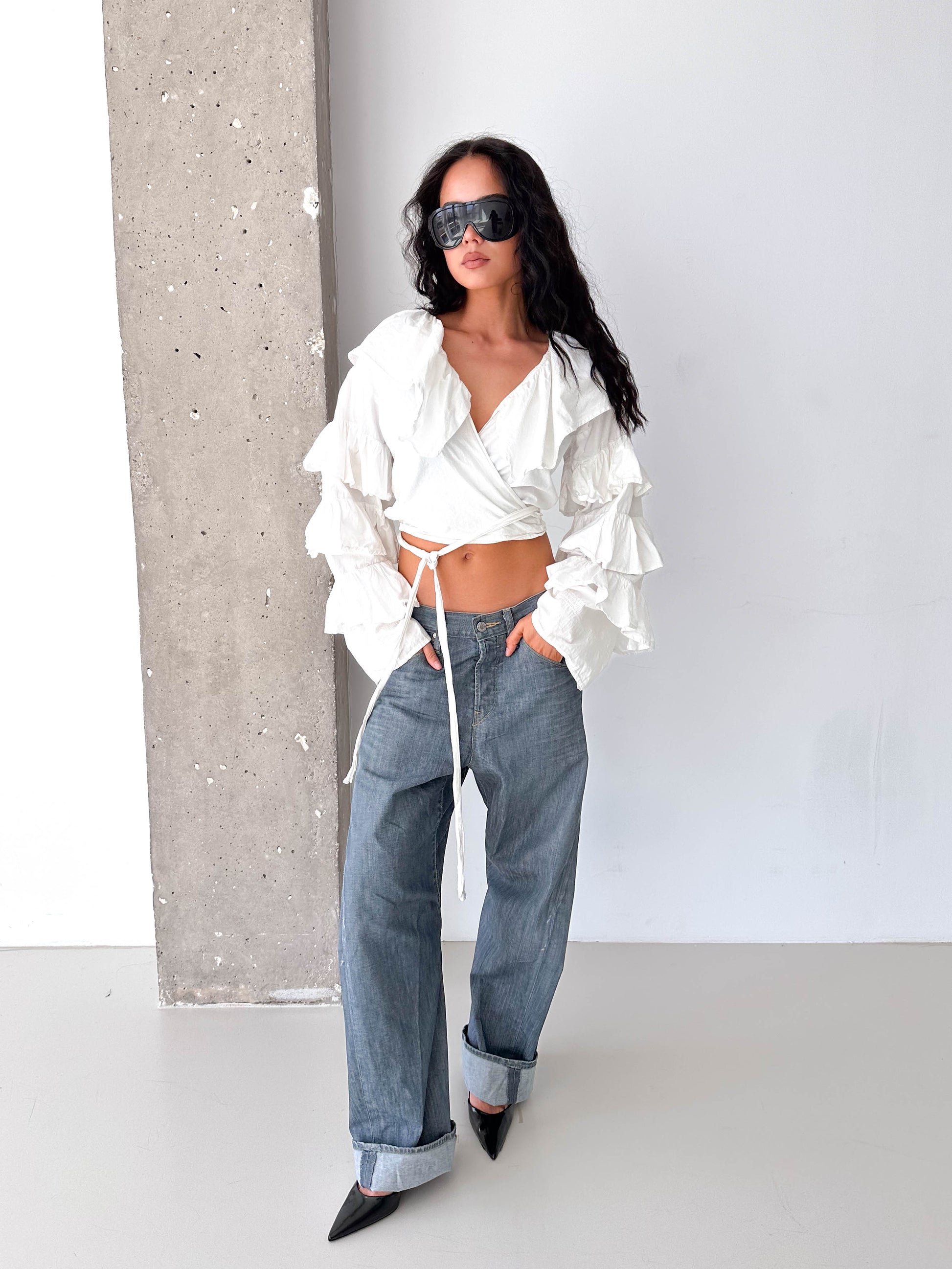 White Voluminous Sleeve Cotton Ruffle Wrap Crop Top