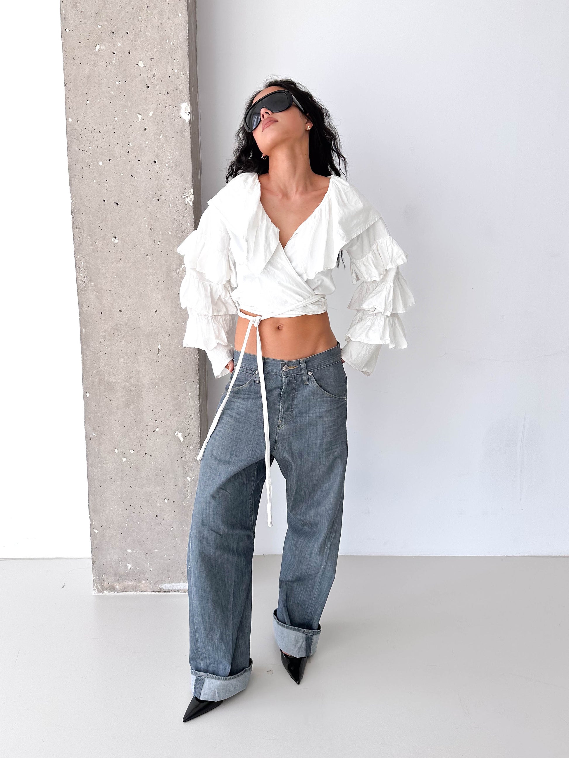 White Voluminous Sleeve Cotton Ruffle Wrap Crop Top