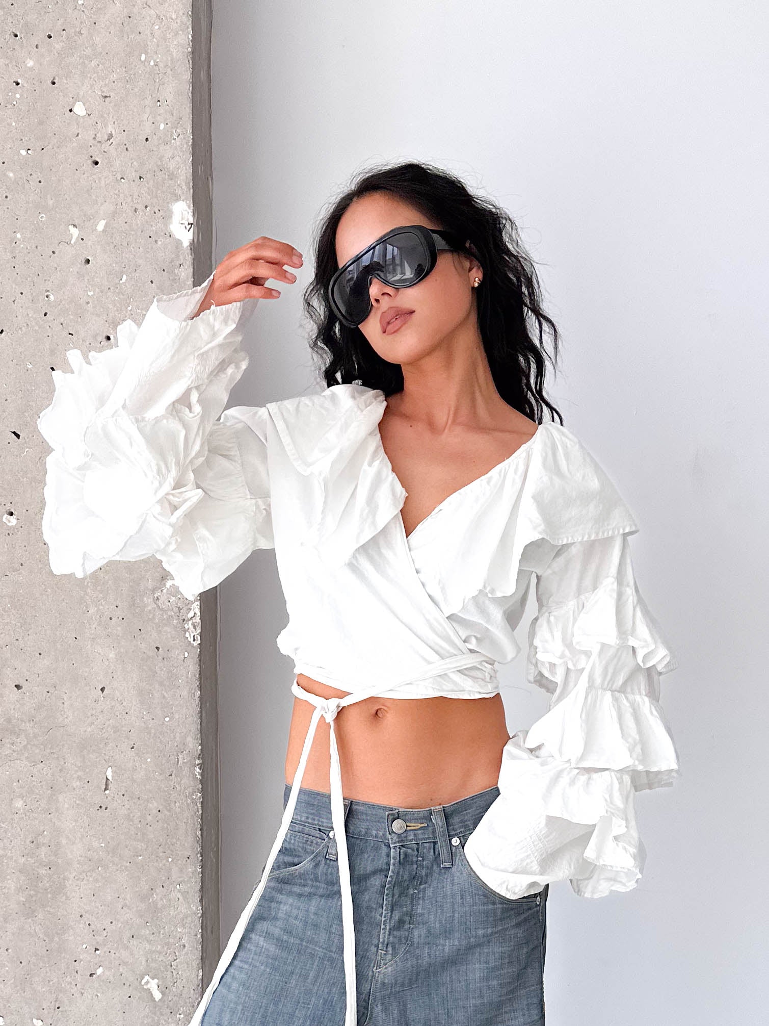 White Voluminous Sleeve Cotton Ruffle Wrap Crop Top