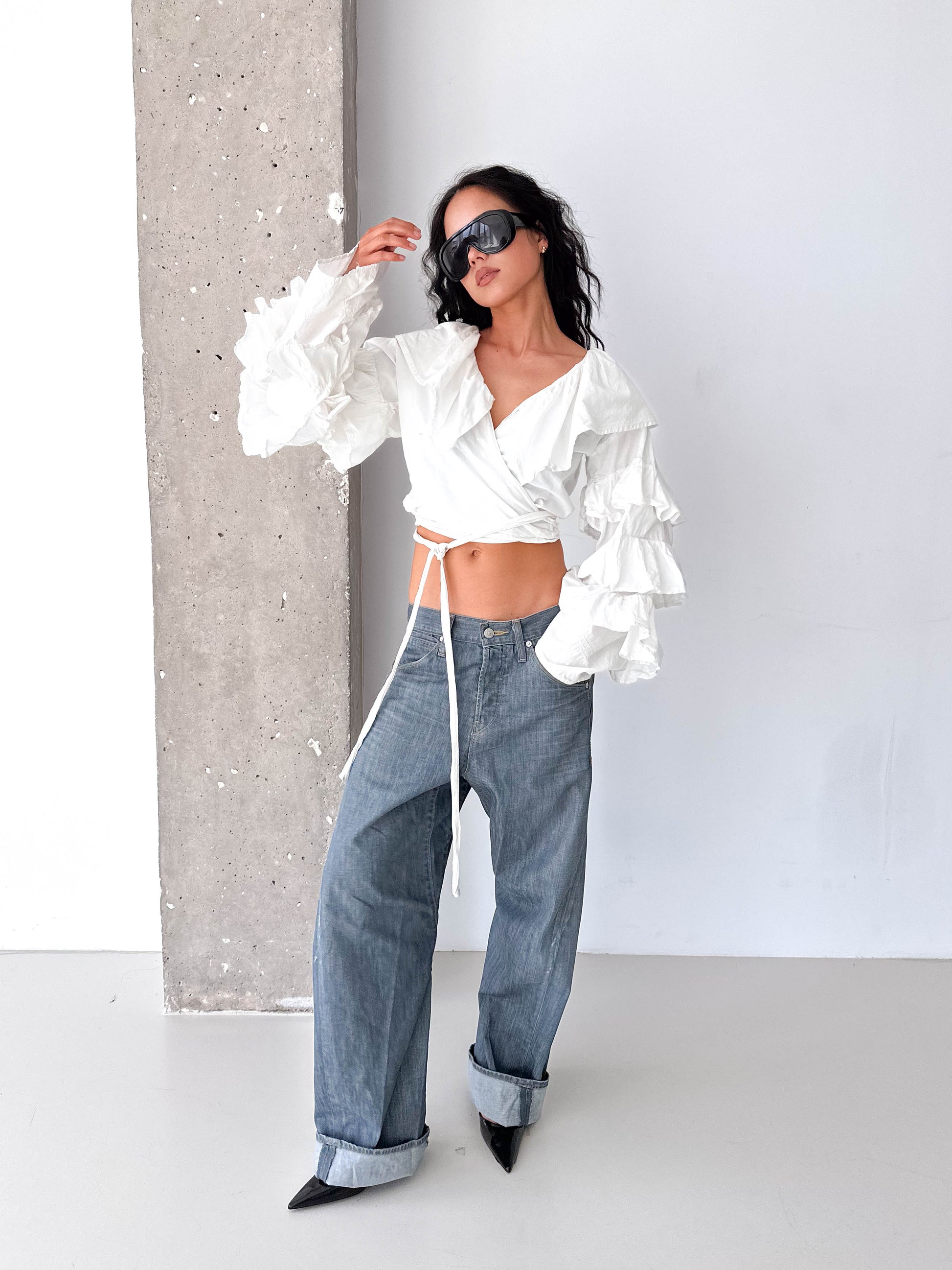 White Voluminous Sleeve Cotton Ruffle Wrap Crop Top