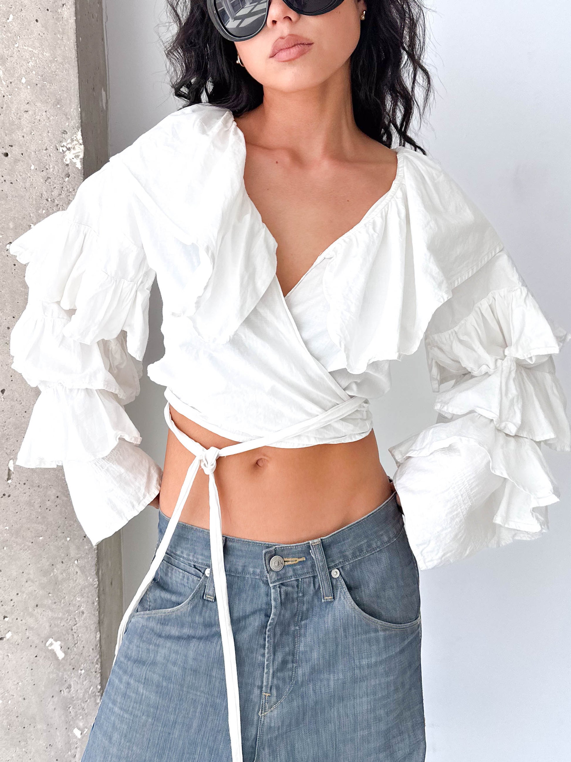 White Voluminous Sleeve Cotton Ruffle Wrap Crop Top