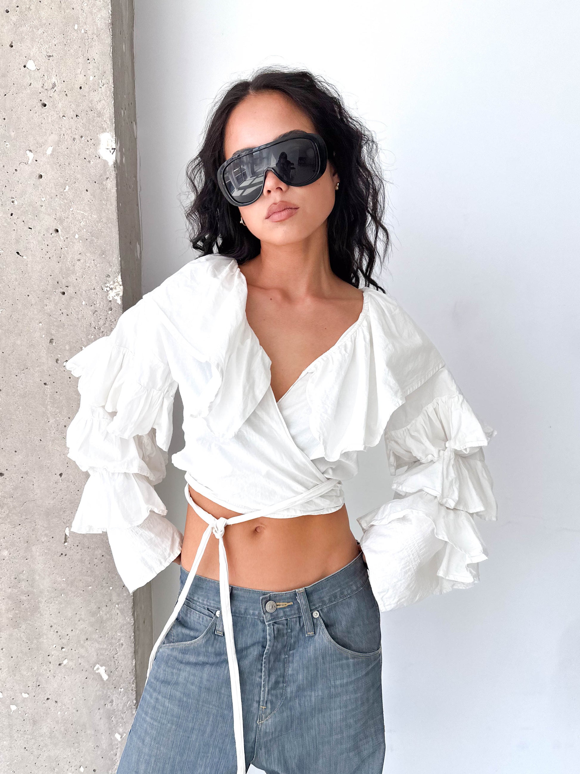 White Voluminous Sleeve Cotton Ruffle Wrap Crop Top