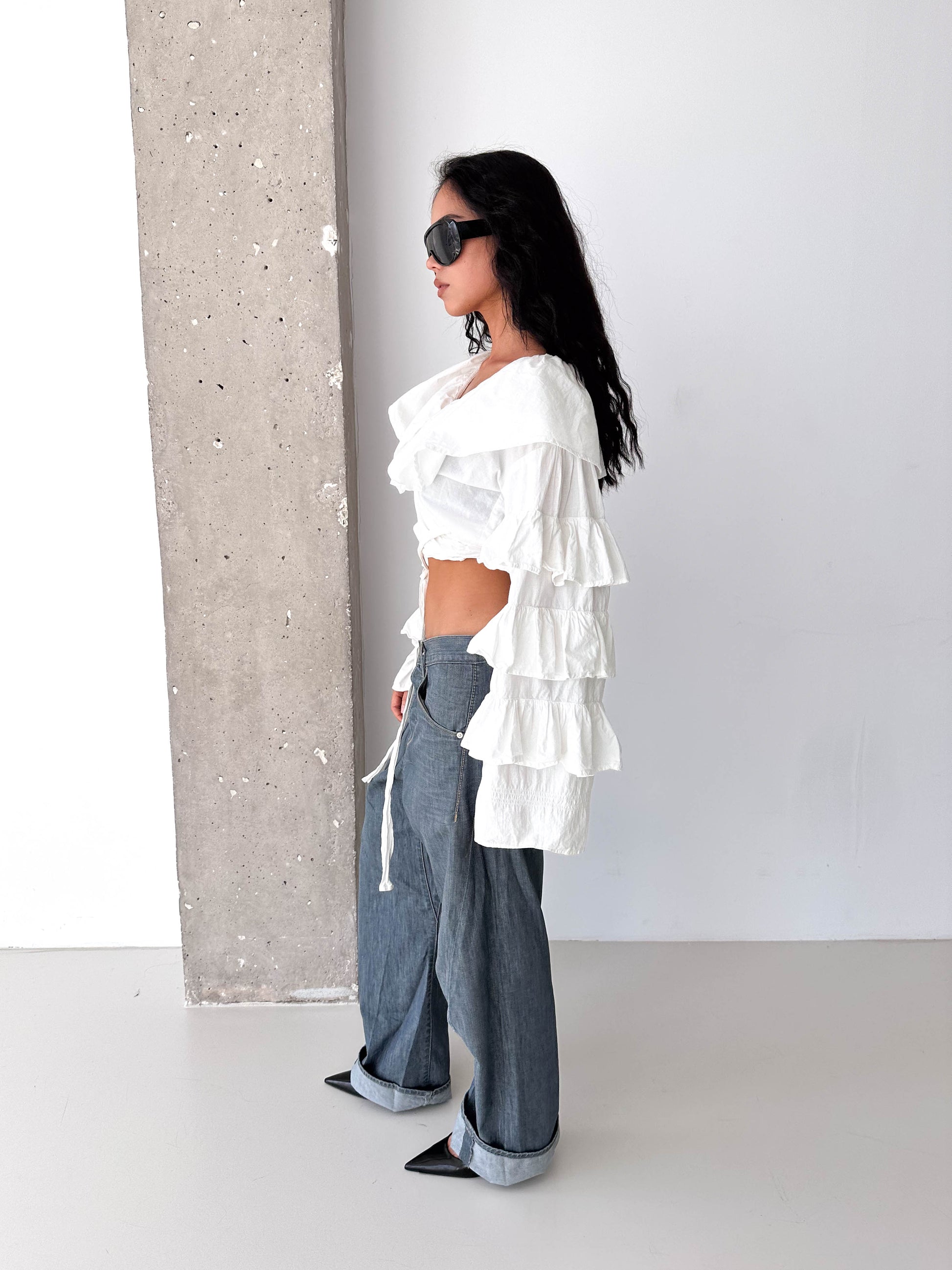 White Voluminous Sleeve Cotton Ruffle Wrap Crop Top