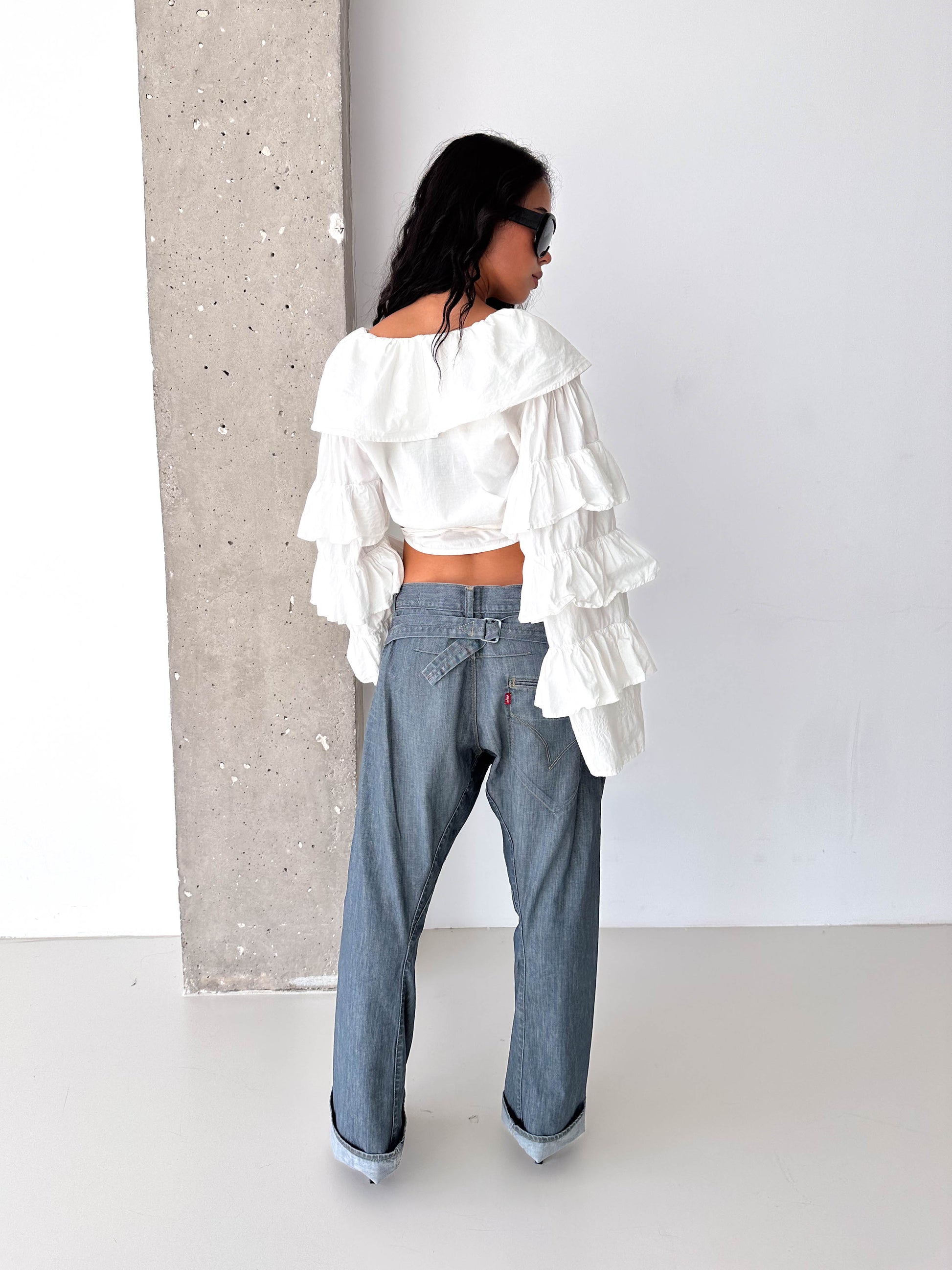 White Voluminous Sleeve Cotton Ruffle Wrap Crop Top