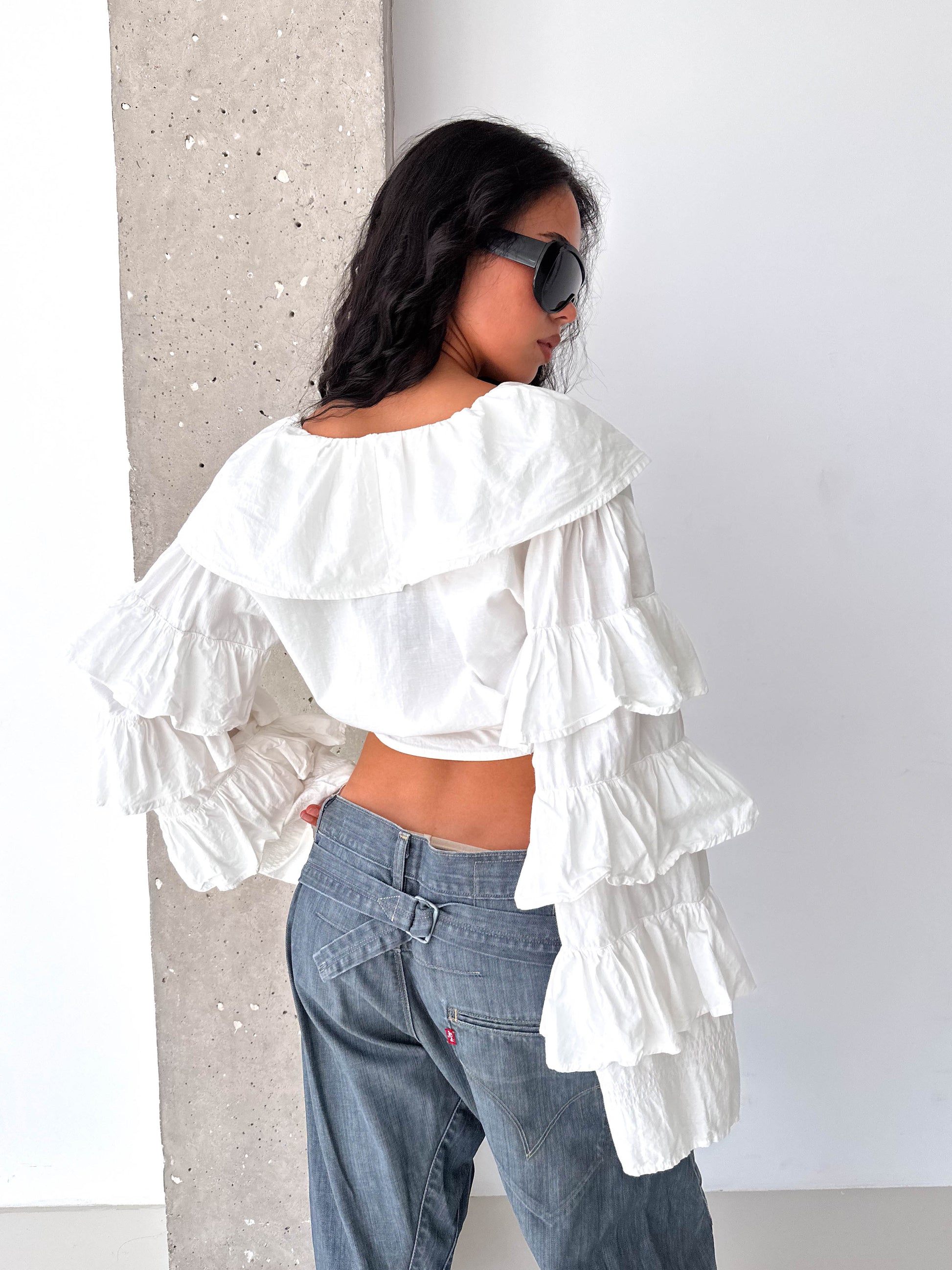 White Voluminous Sleeve Cotton Ruffle Wrap Crop Top
