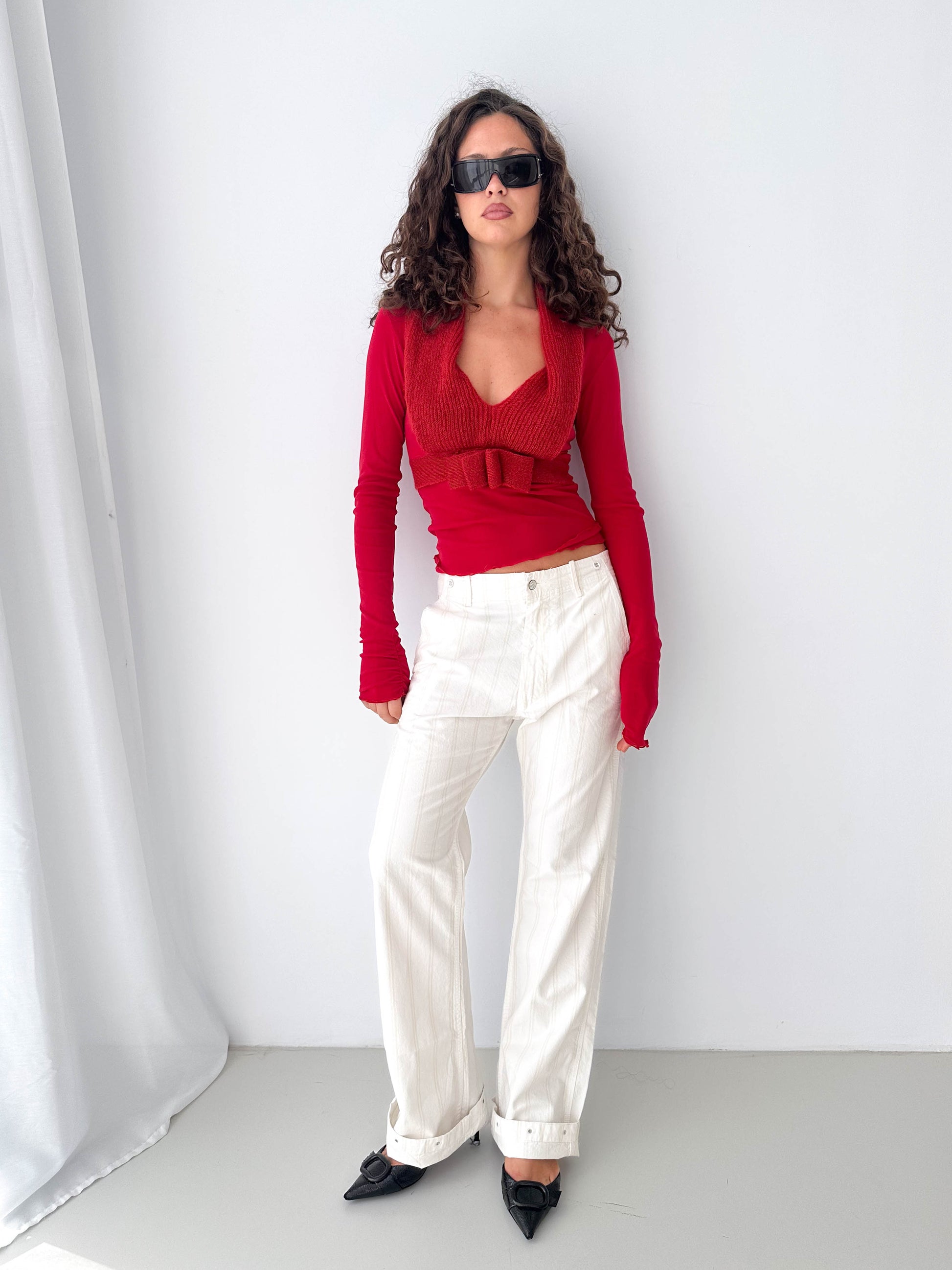 Red Long Sleeve Mesh Mohair Detail Top