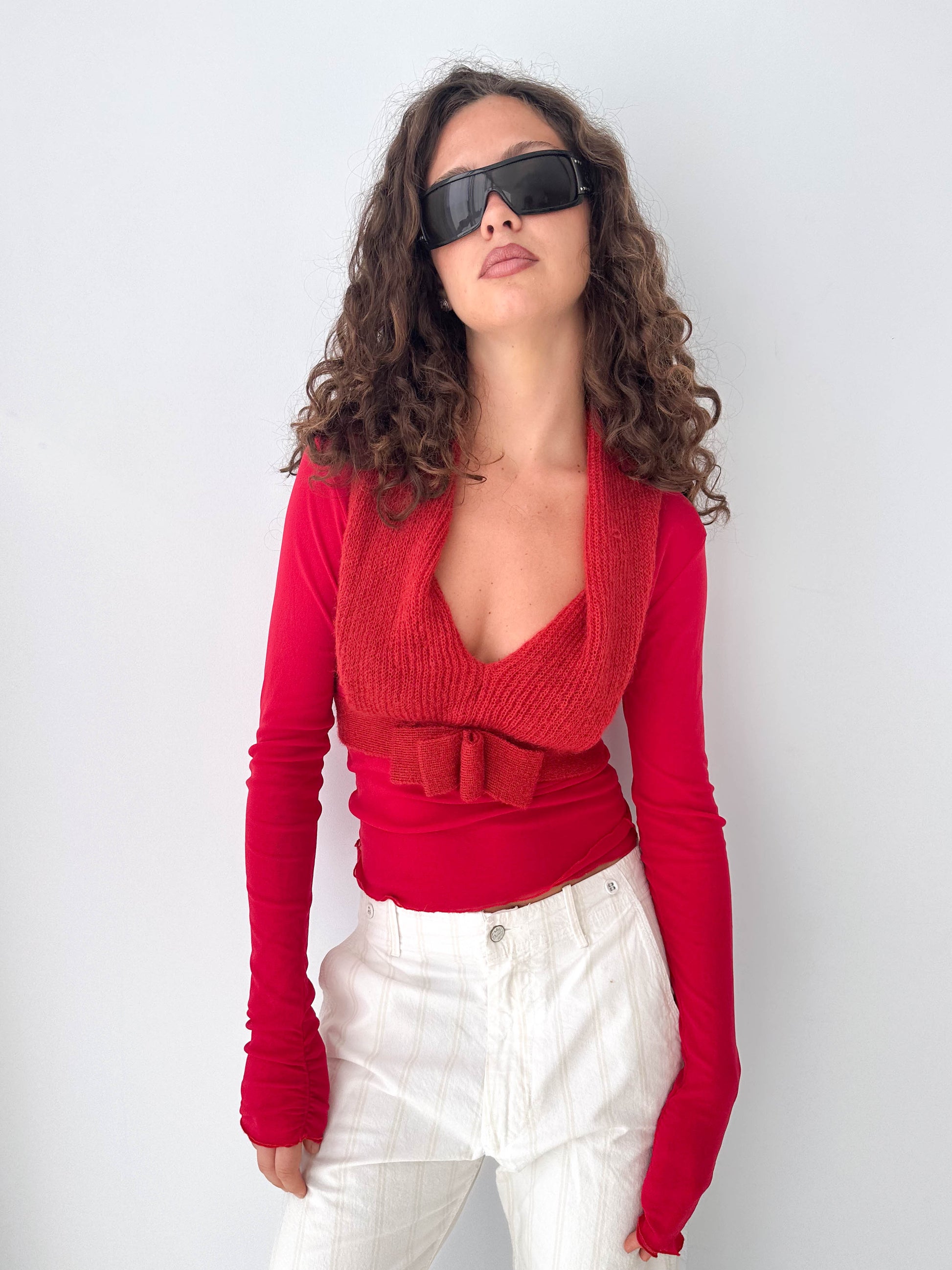 Red Long Sleeve Mesh Mohair Detail Top